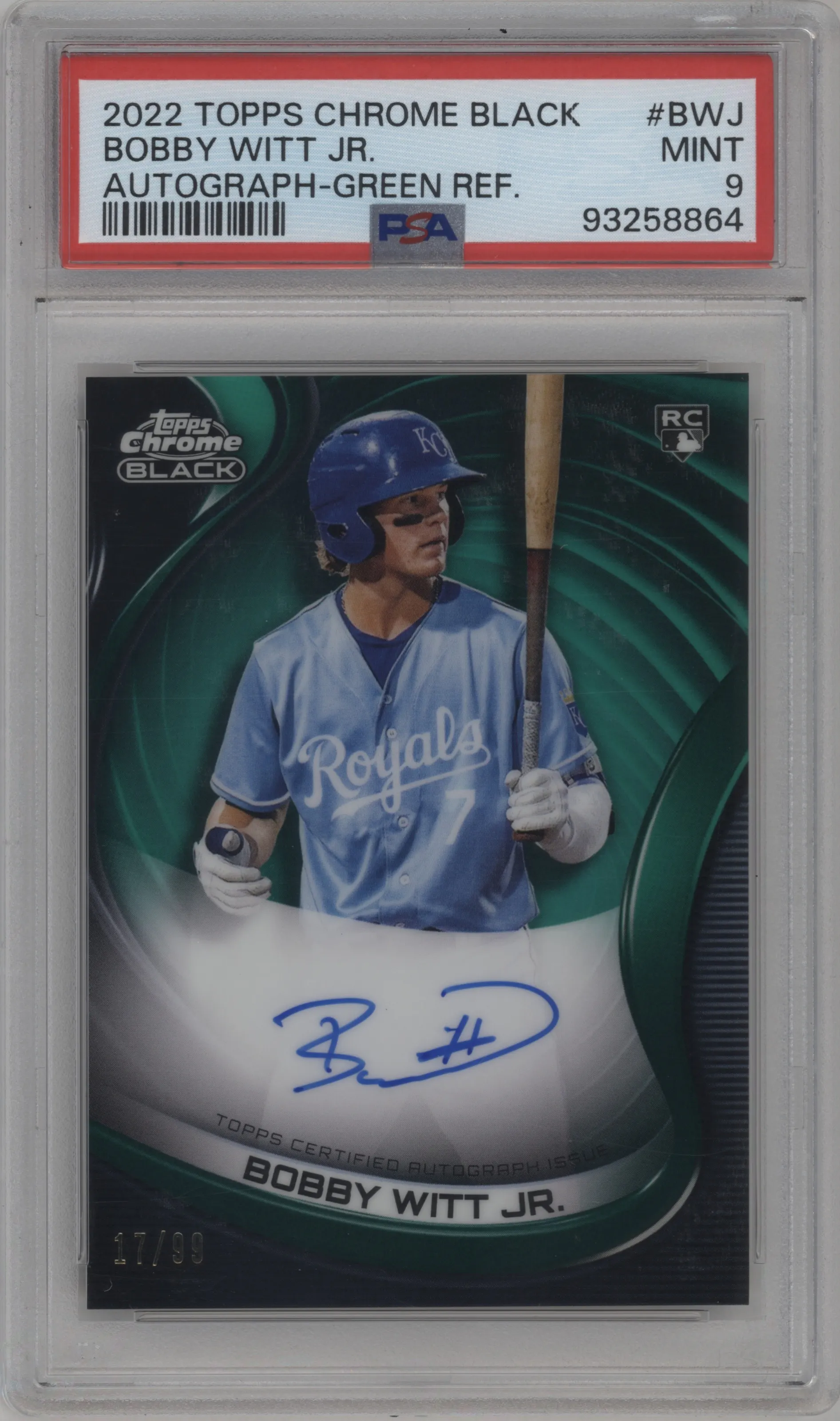 2022 Topps Chrome Black Auto Bobby Witt Jr. Green Refractor #CBA-BWJ PSA 9