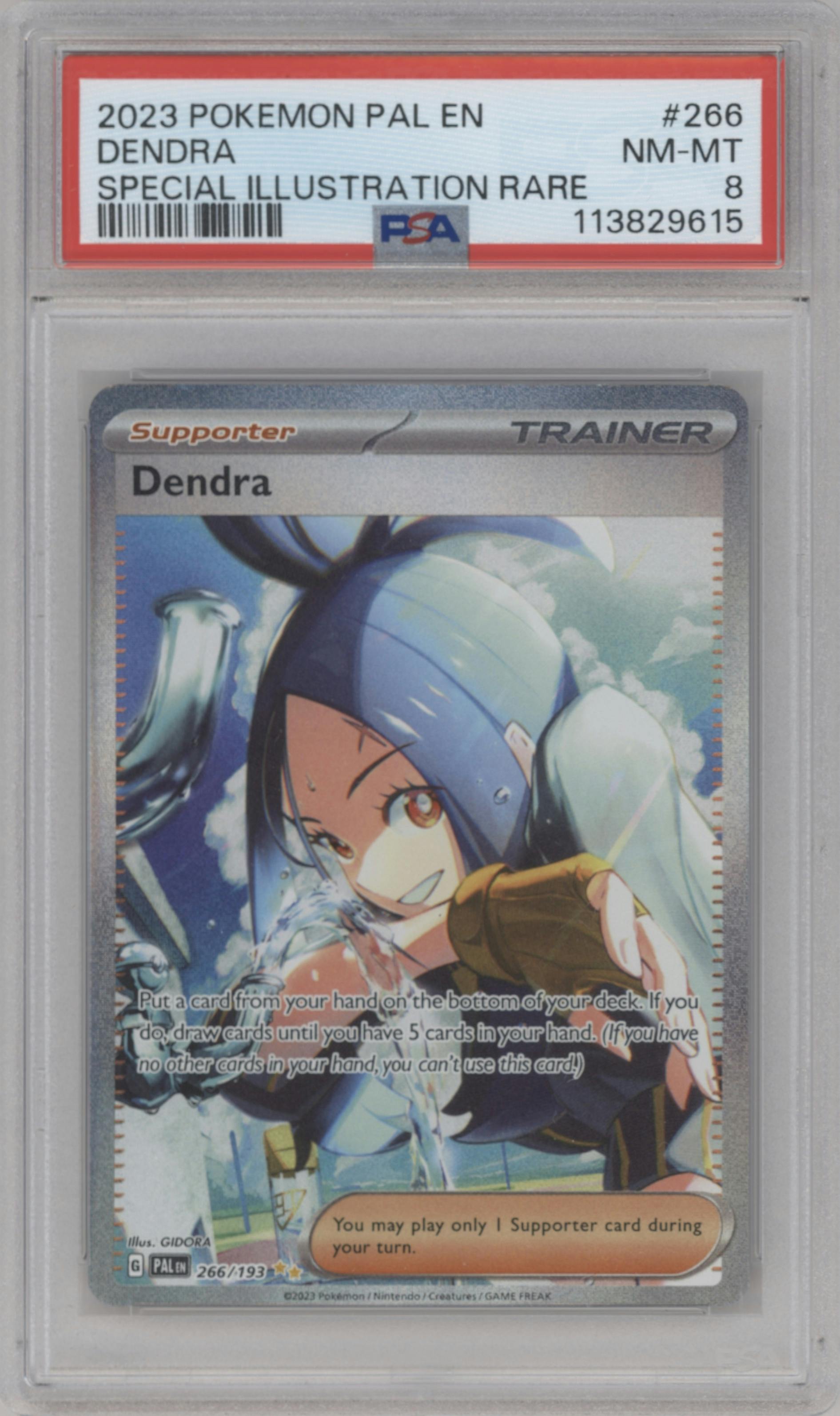 Dendra from the 2023 Pokemon SV set graded by PSA and given an overall grade of 8.