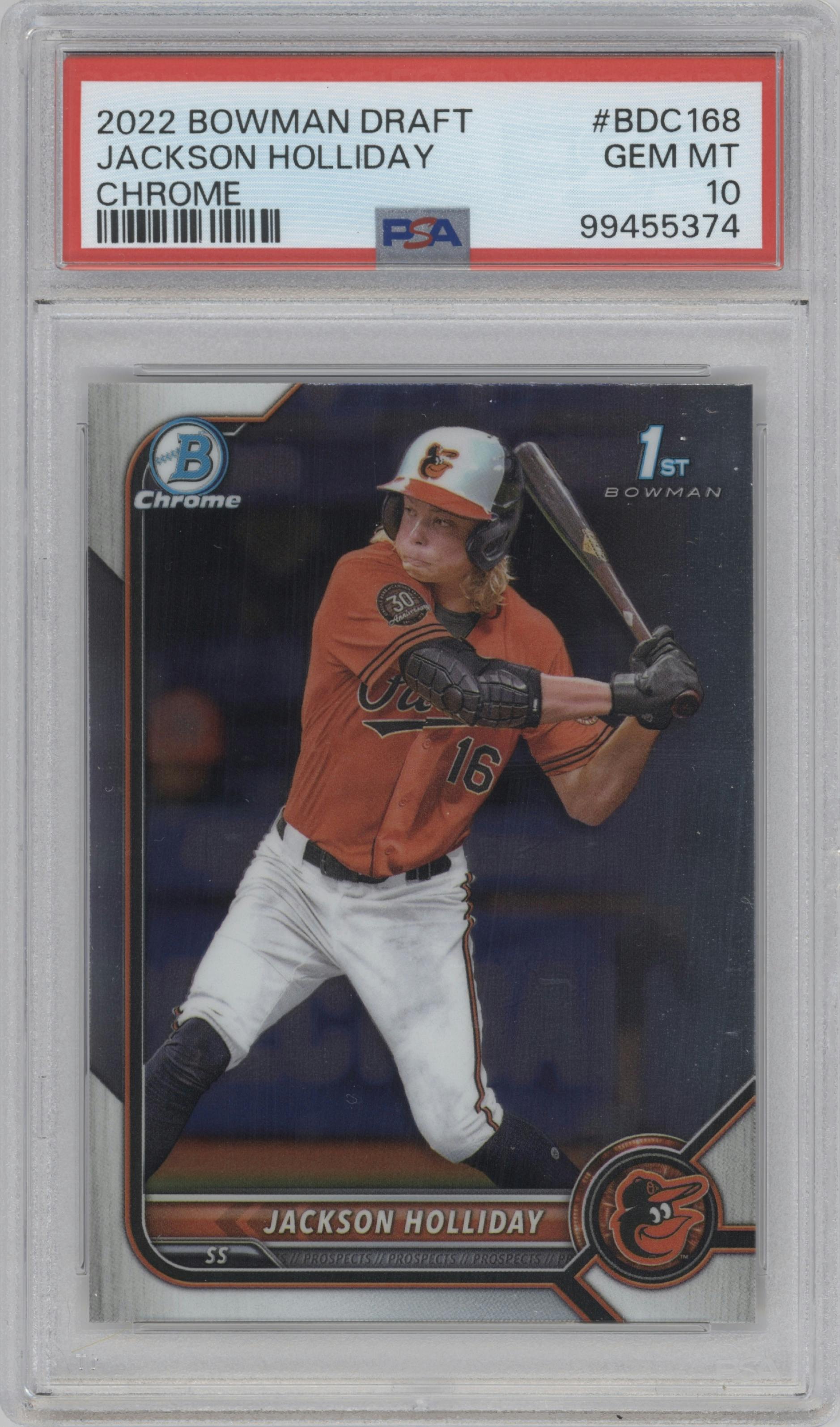 Jackson Holliday from the 2022 Bowman Draft set graded by PSA and given an overall grade of 10.
