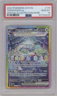 Terapagos ex from the 2024 Pokemon SV set graded by PSA and given an overall grade of 10.