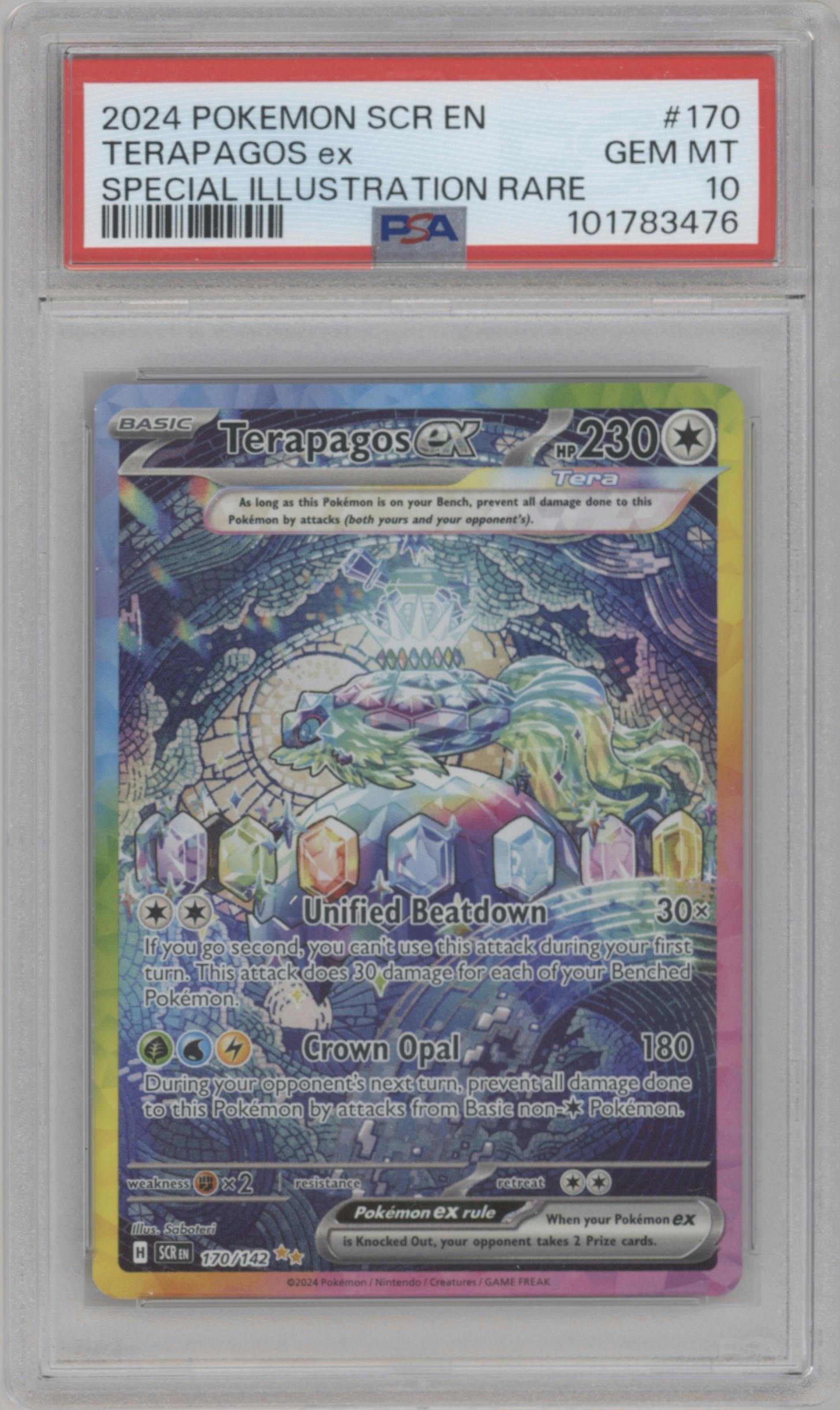 Terapagos ex from the 2024 Pokemon SV set graded by PSA and given an overall grade of 10.