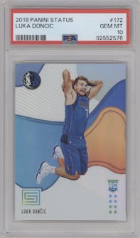 Luka Doncic from the 2018-19 Panini Status set graded by PSA and given an overall grade of 10.