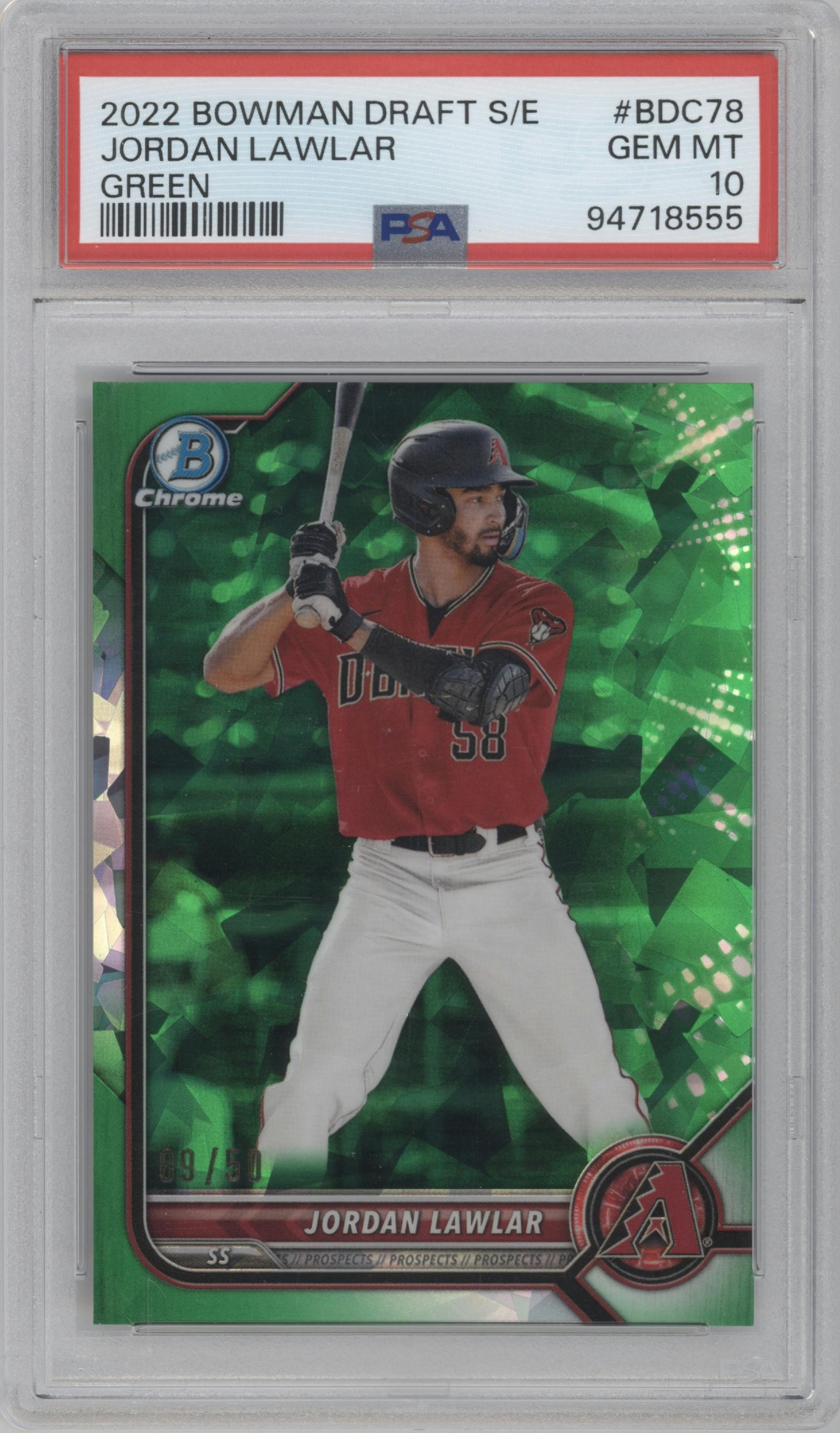 Jordan Lawlar from the 2022 Bowman Draft Sapphire Edition set featuring a Green parallel graded by PSA and given an overall grade of 10.