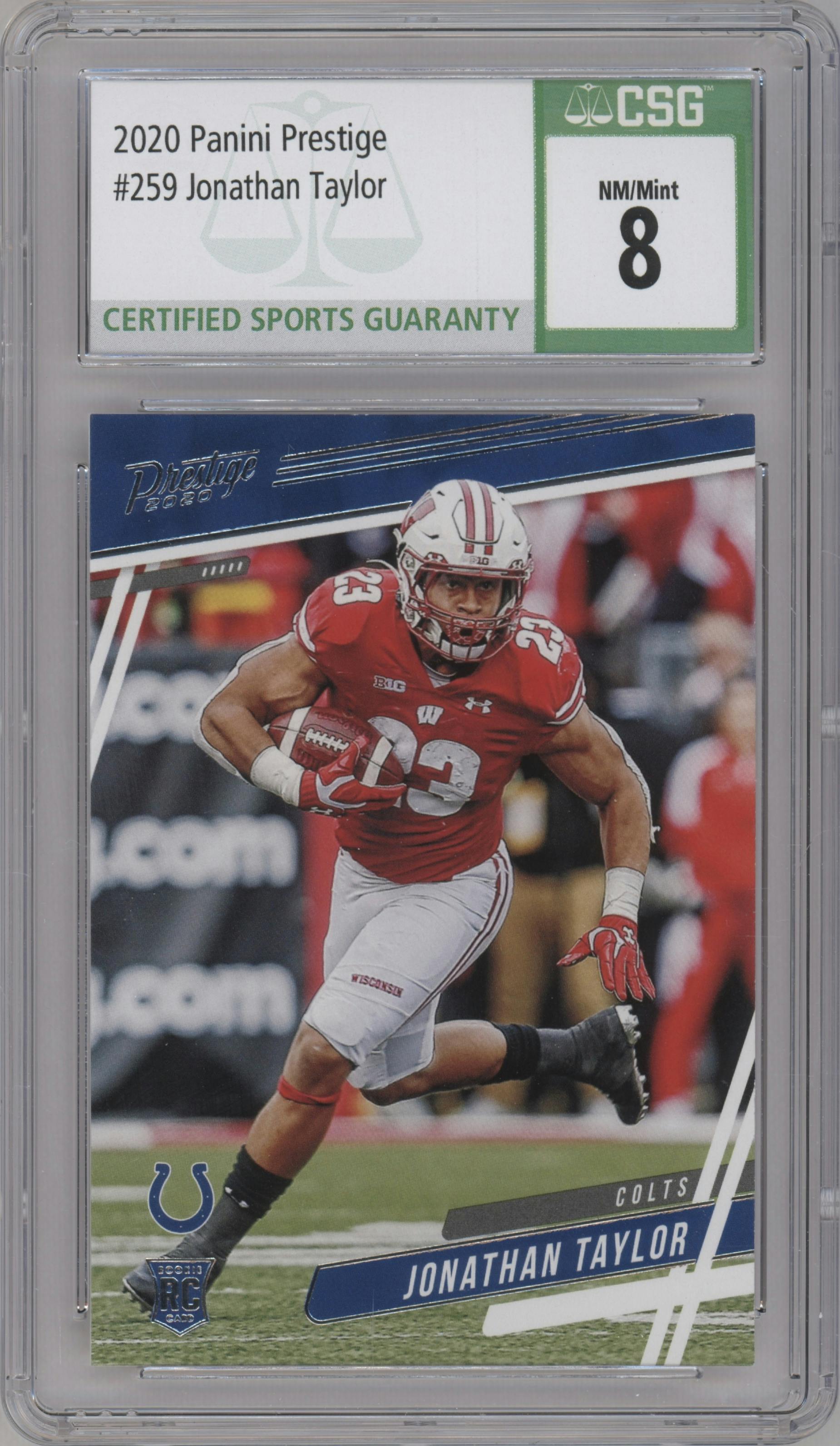 Jonathan Taylor from the 2020 Panini Prestige set graded by CSG and given an overall grade of 8.