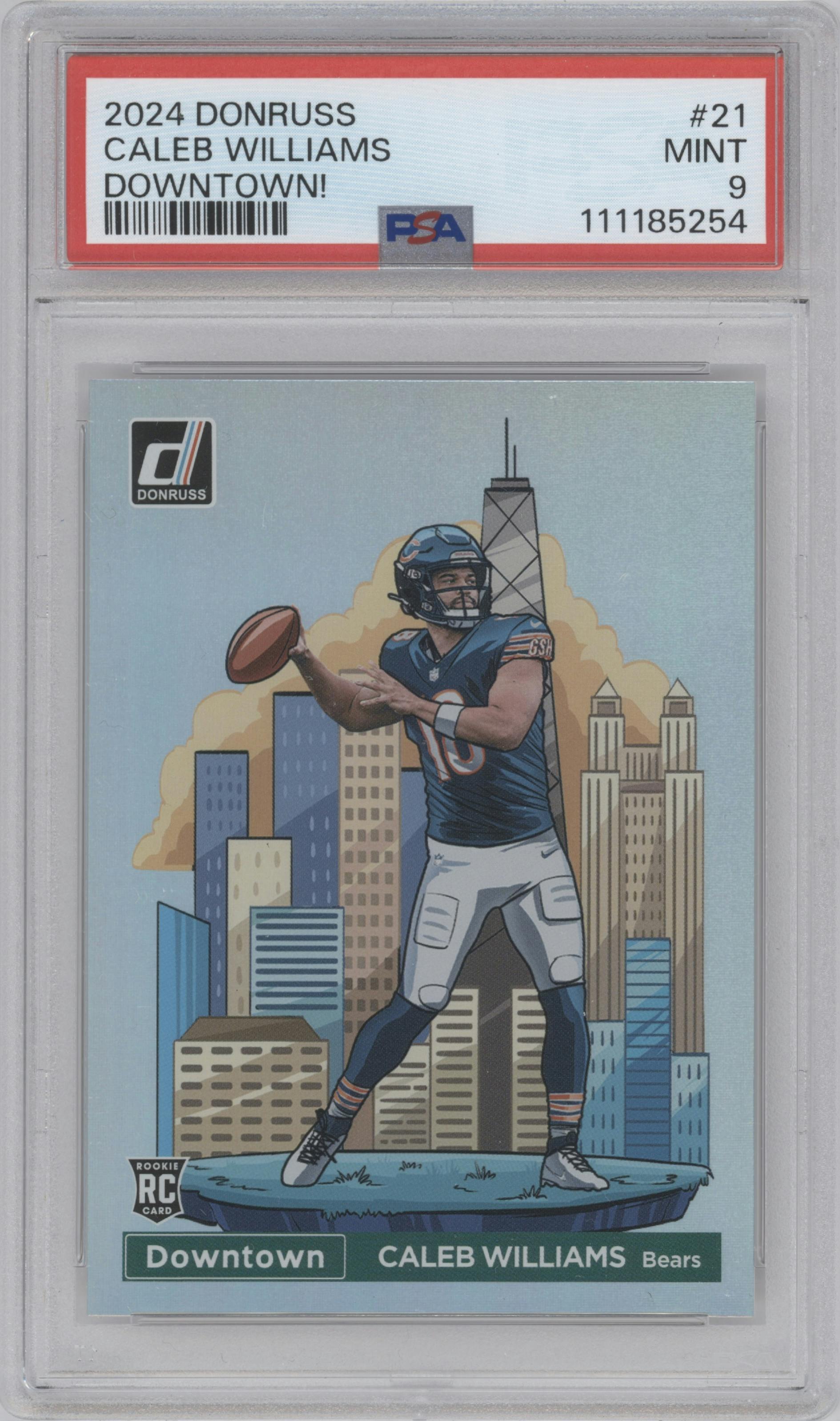 Caleb Williams from the 2024 Donruss set graded by PSA and given an overall grade of 9.