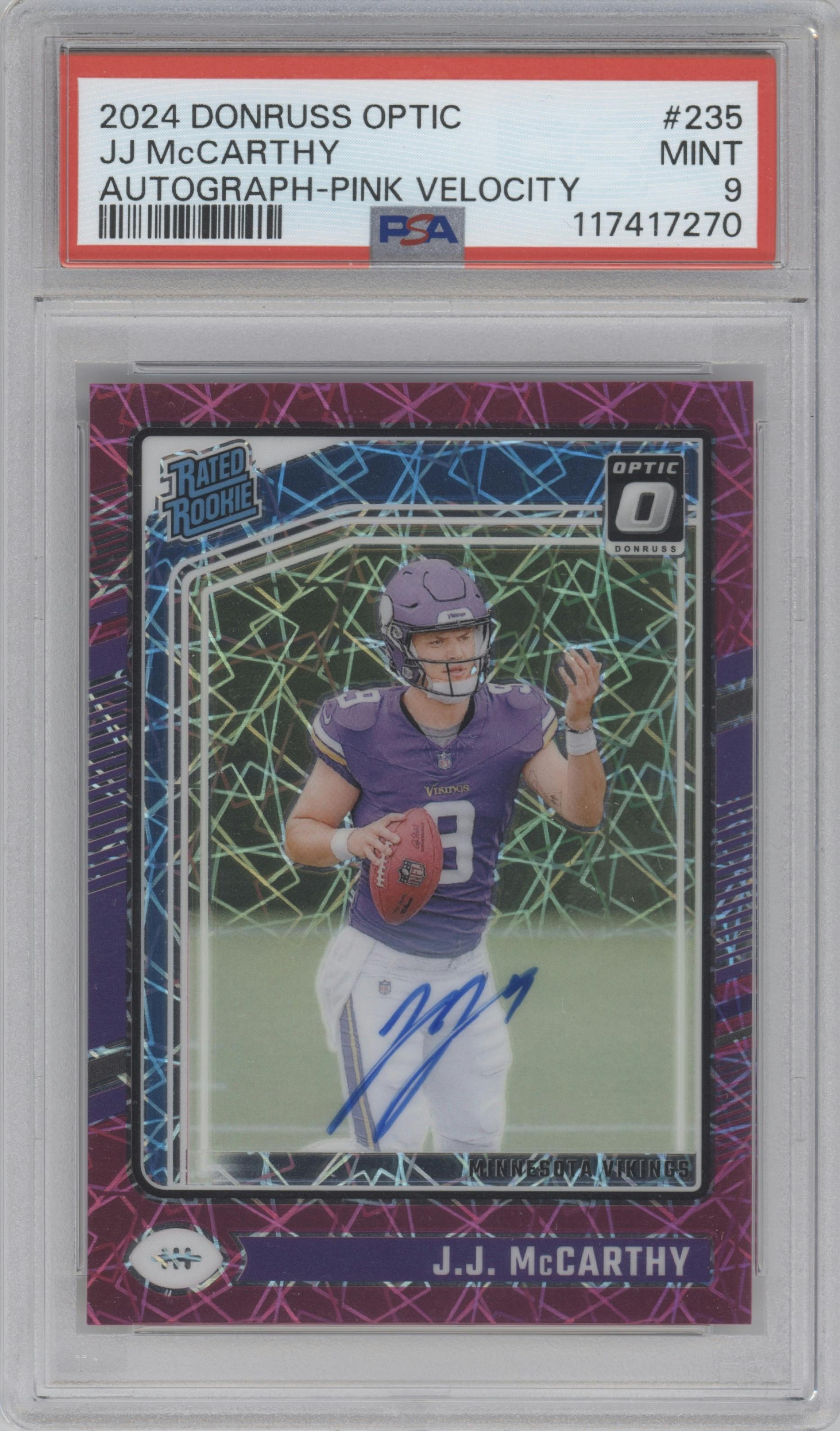 J.J. McCarthy  from the 2024 Donruss Optic set featuring a Pink Velocity parallel graded by PSA and given an overall grade of 9.