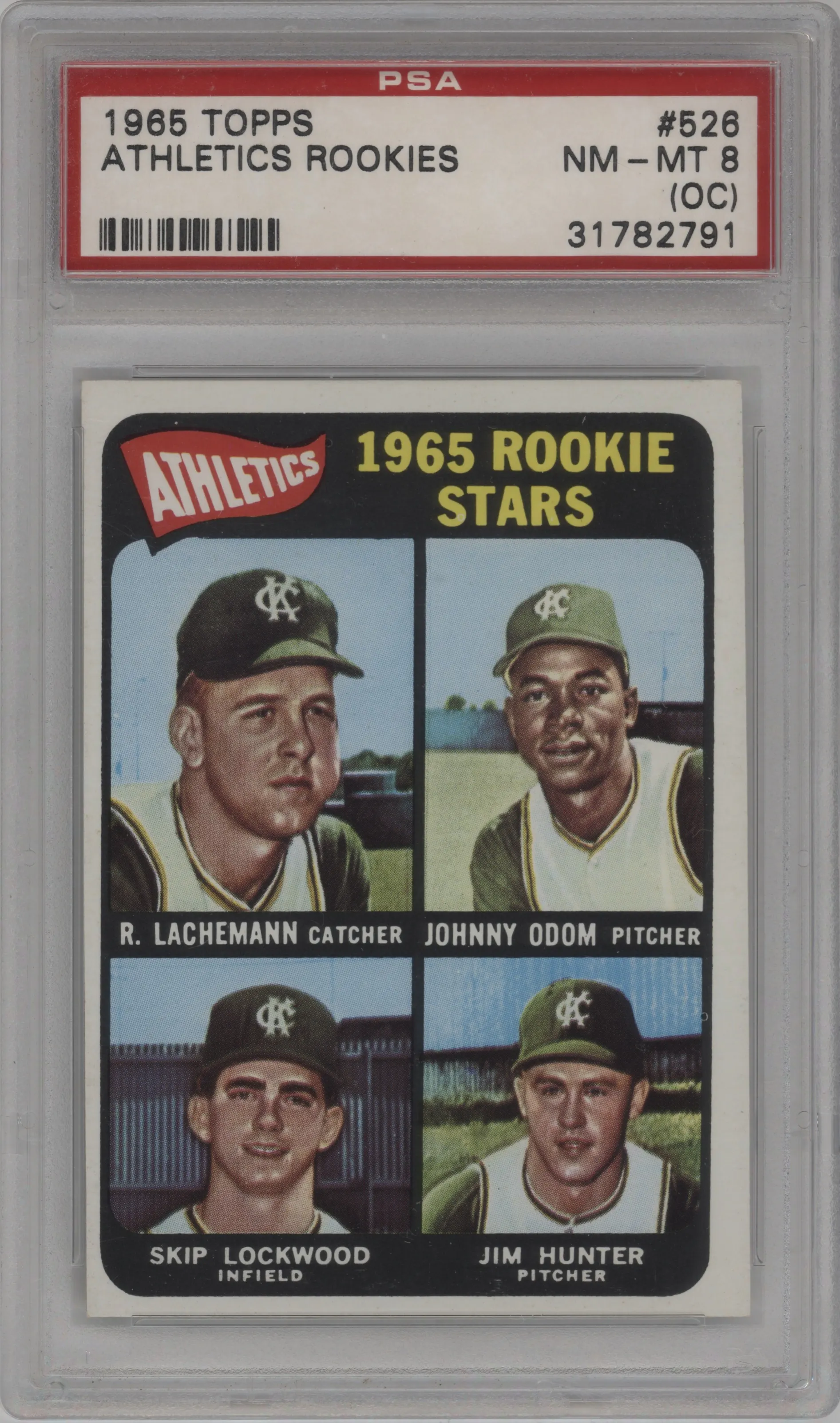 1965 Topps Rene Lachemann/Johnny Odom/Skip Lockwood/Jim Hunter Off Center #526 PSA 8