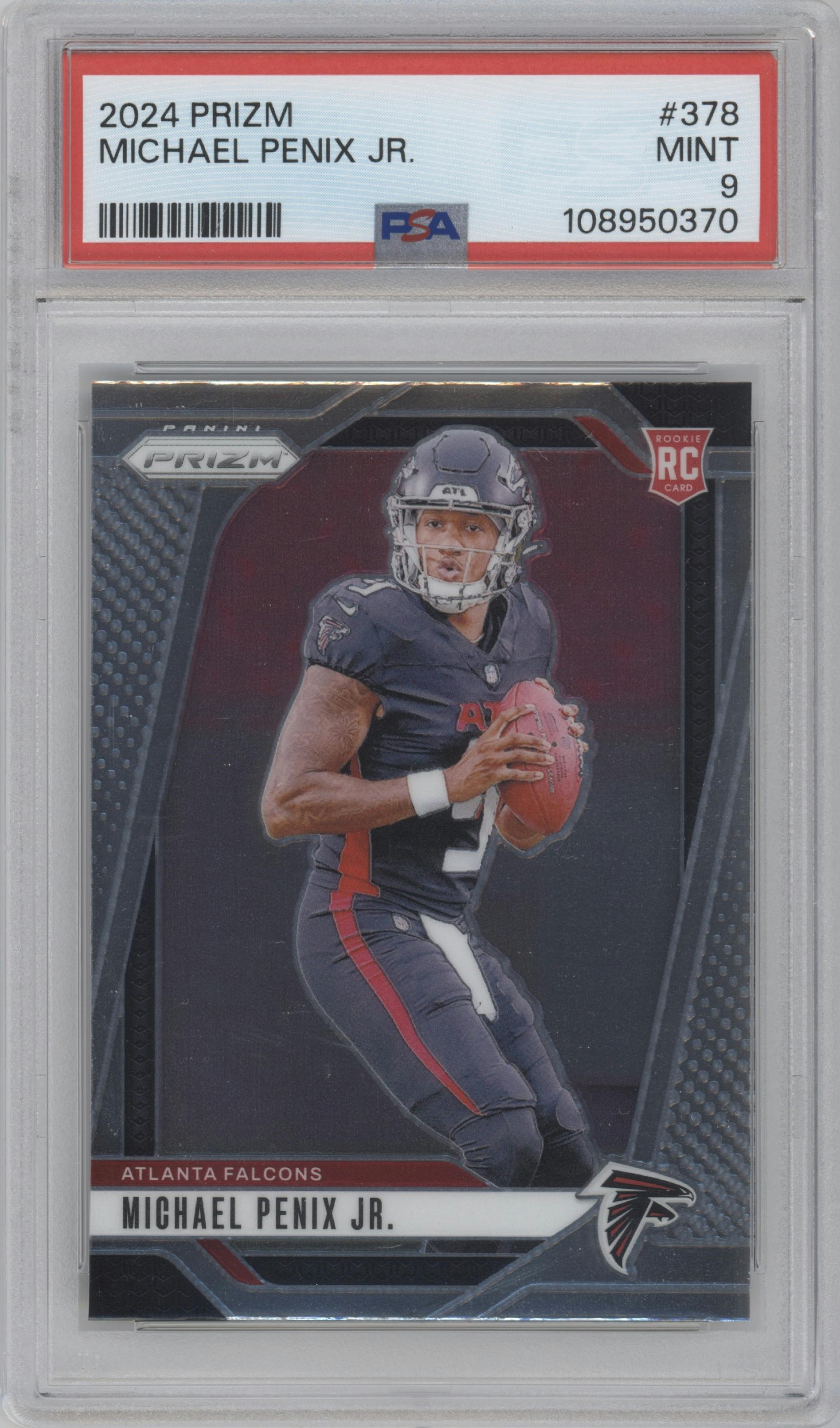 Michael Penix Jr. from the 2024 Panini Prizm set graded by PSA and given an overall grade of 9.