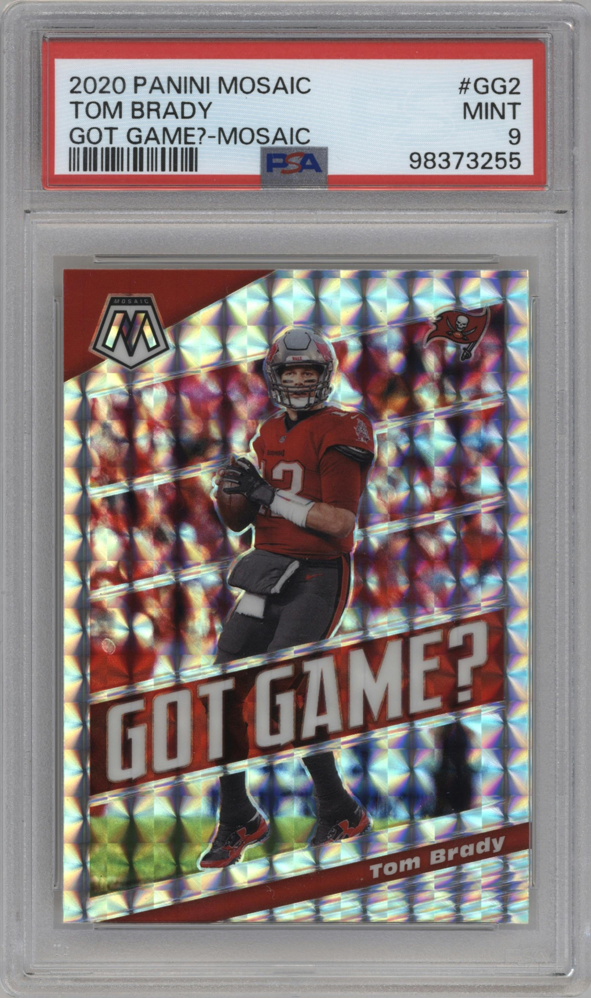 Tom Brady from the 2020 Panini Mosaic set featuring a Mosaic parallel graded by PSA and given an overall grade of 9.