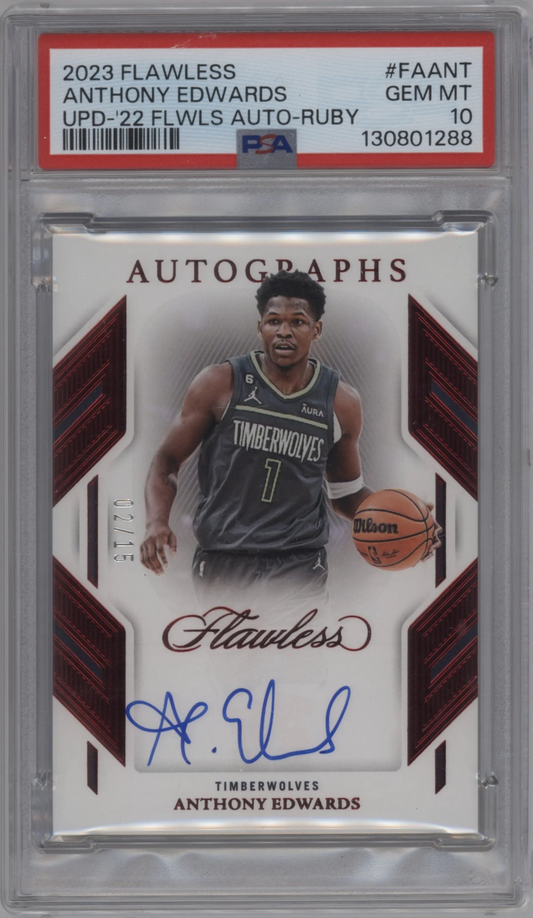 2023 Panini Flawless '22-'23 Flawless Auto Anthony Edwards Ruby #FA-ANT PSA 10