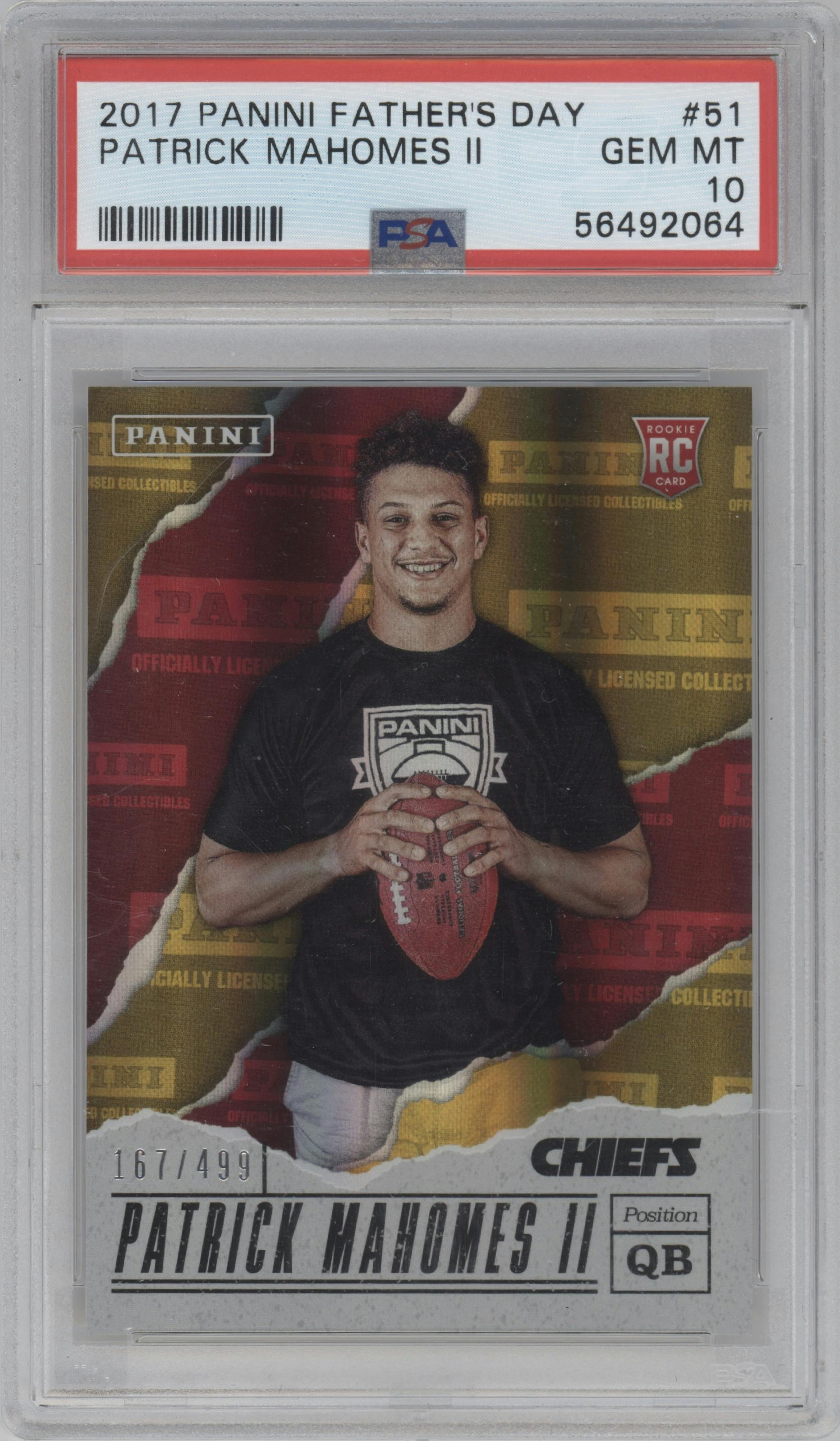 Patrick Mahomes II from the 2017 Panini Father's Day set graded by PSA and given an overall grade of 10.
