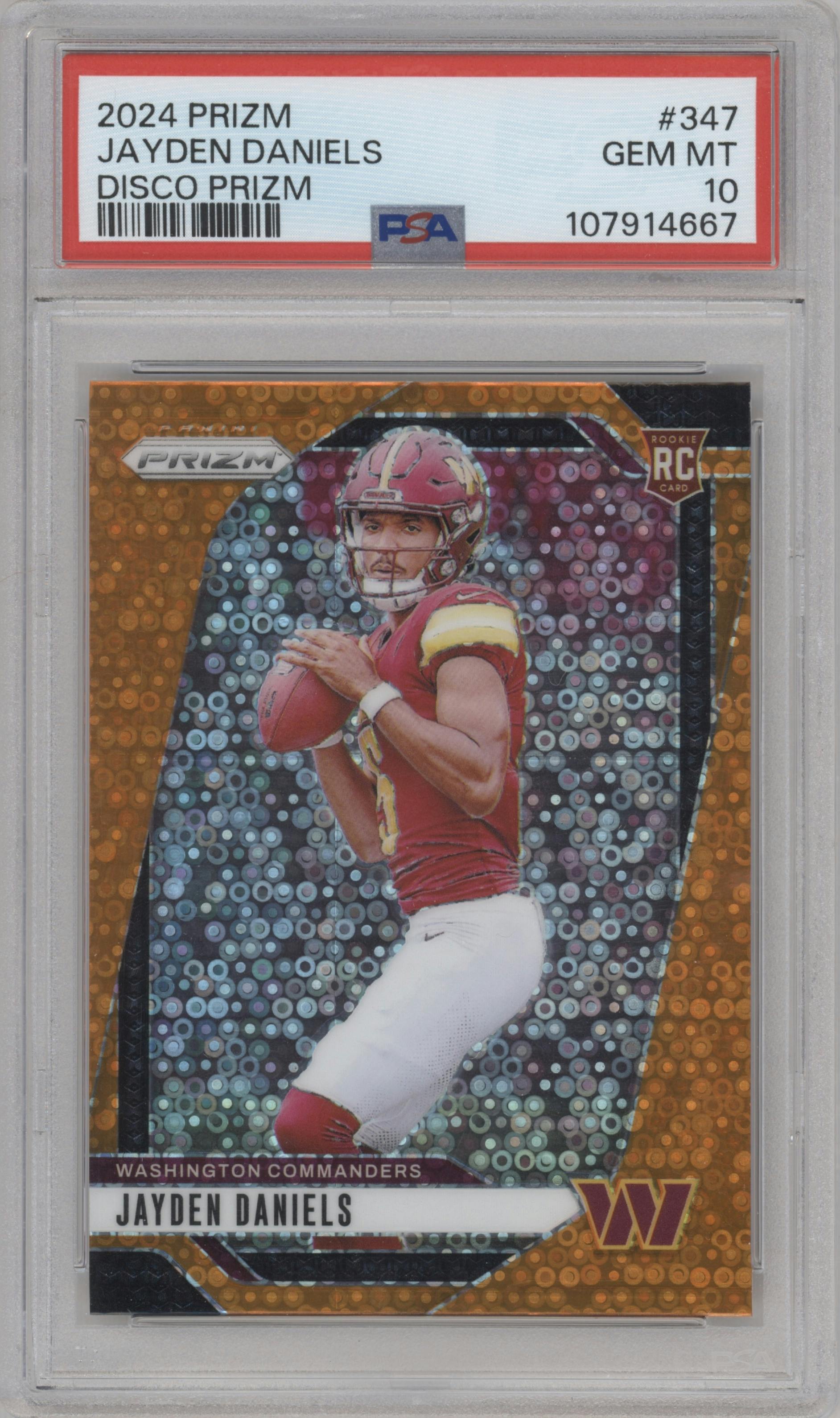 Jayden Daniels from the 2024 Panini Prizm set featuring a Disco parallel graded by PSA and given an overall grade of 10.