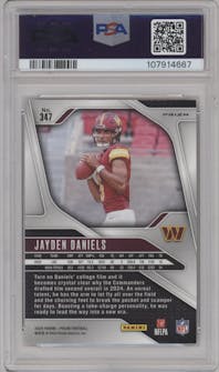 Jayden Daniels from the 2024 Panini Prizm set featuring a Disco parallel graded by PSA and given an overall grade of 10.