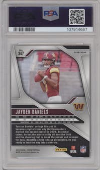 Jayden Daniels from the 2024 Panini Prizm set featuring a Disco parallel graded by PSA and given an overall grade of 10.