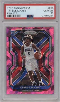 Tyrese Maxey from the 2020-21 Panini Prizm set featuring a Pink Ice parallel graded by PSA and given an overall grade of 10.