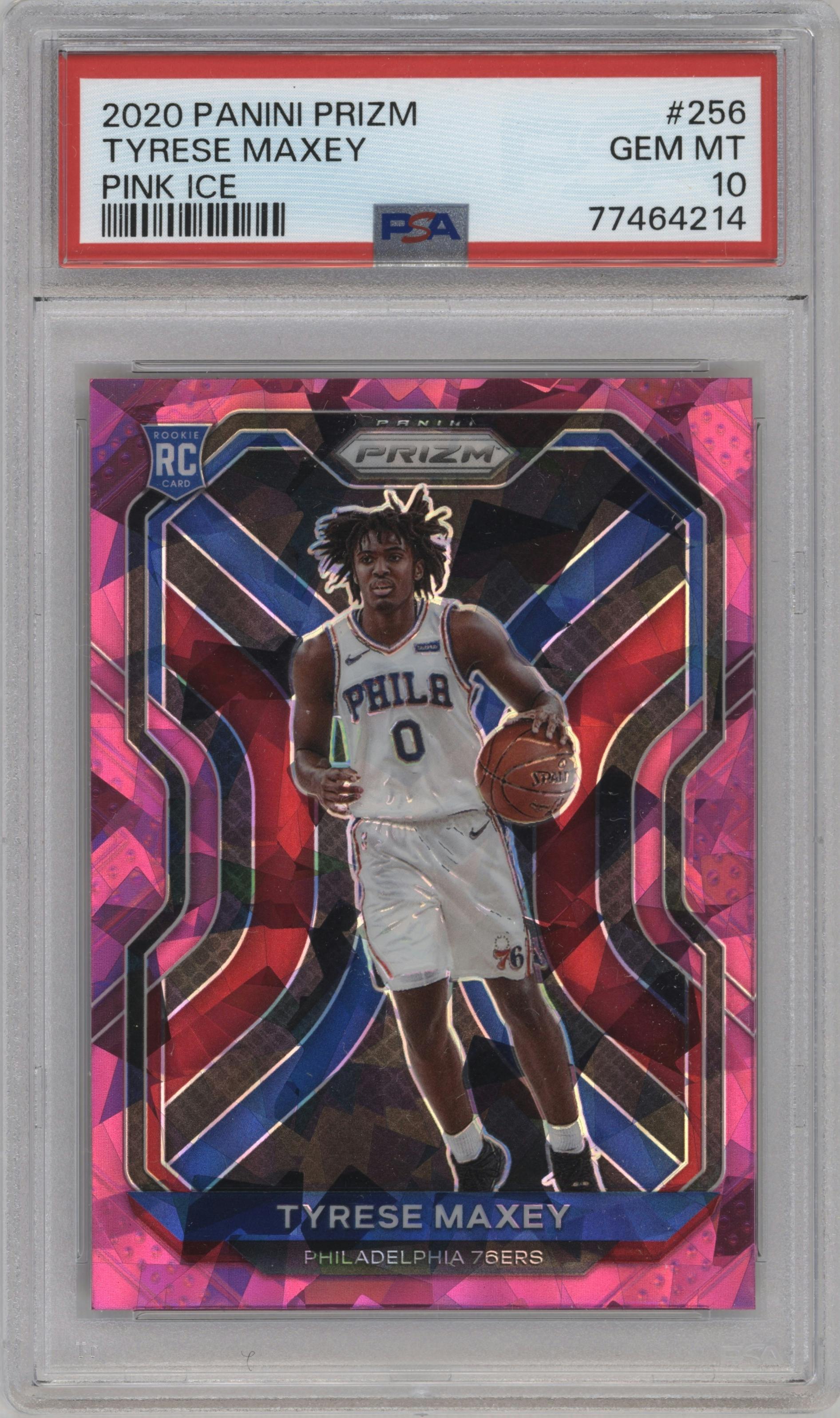 Tyrese Maxey from the 2020-21 Panini Prizm set featuring a Pink Ice parallel graded by PSA and given an overall grade of 10.