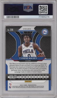 Tyrese Maxey from the 2020-21 Panini Prizm set featuring a Pink Ice parallel graded by PSA and given an overall grade of 10.