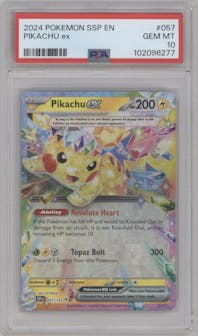 Pikachu ex from the 2024 Pokemon SV set graded by PSA and given an overall grade of 10.