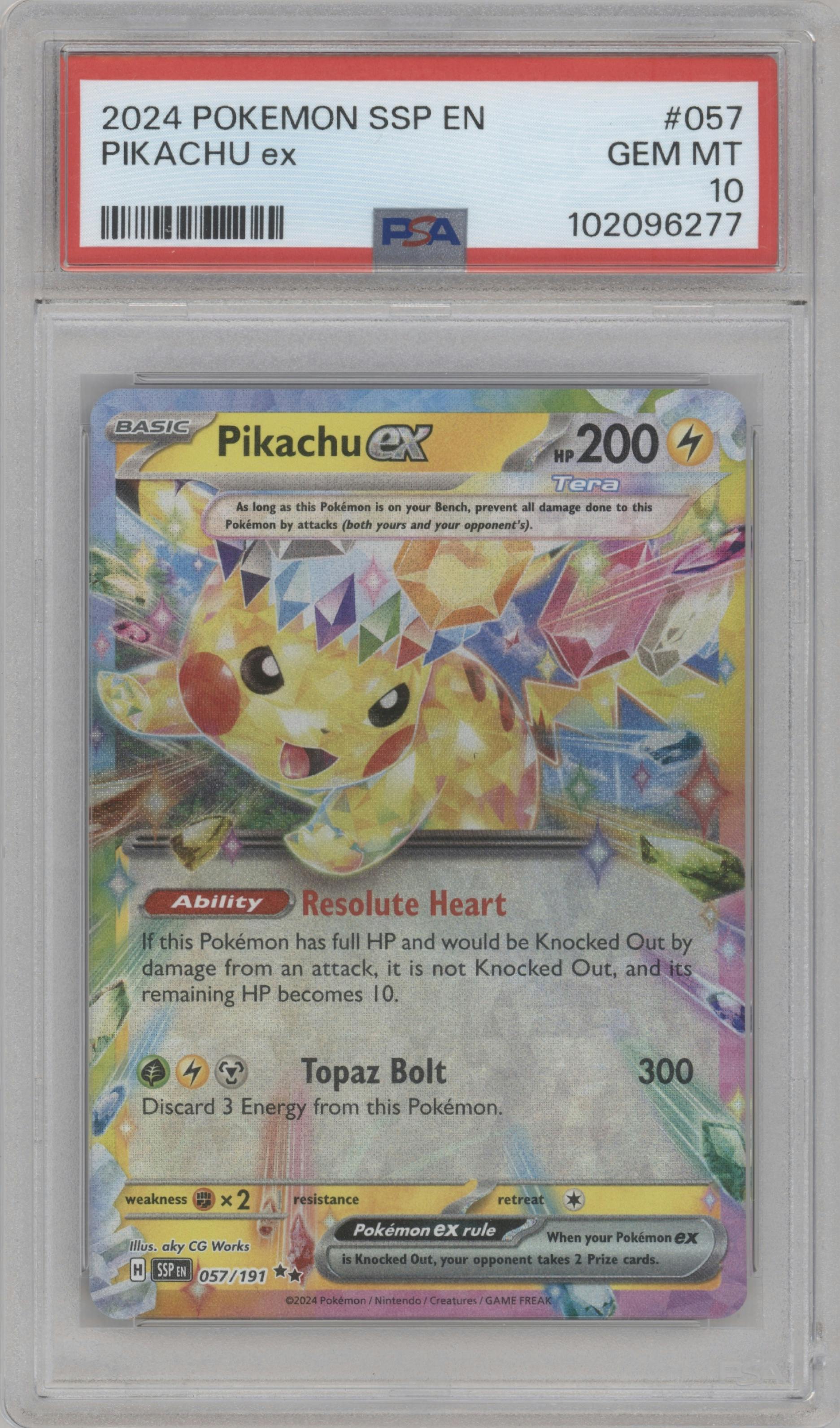 Pikachu ex from the 2024 Pokemon SV set graded by PSA and given an overall grade of 10.
