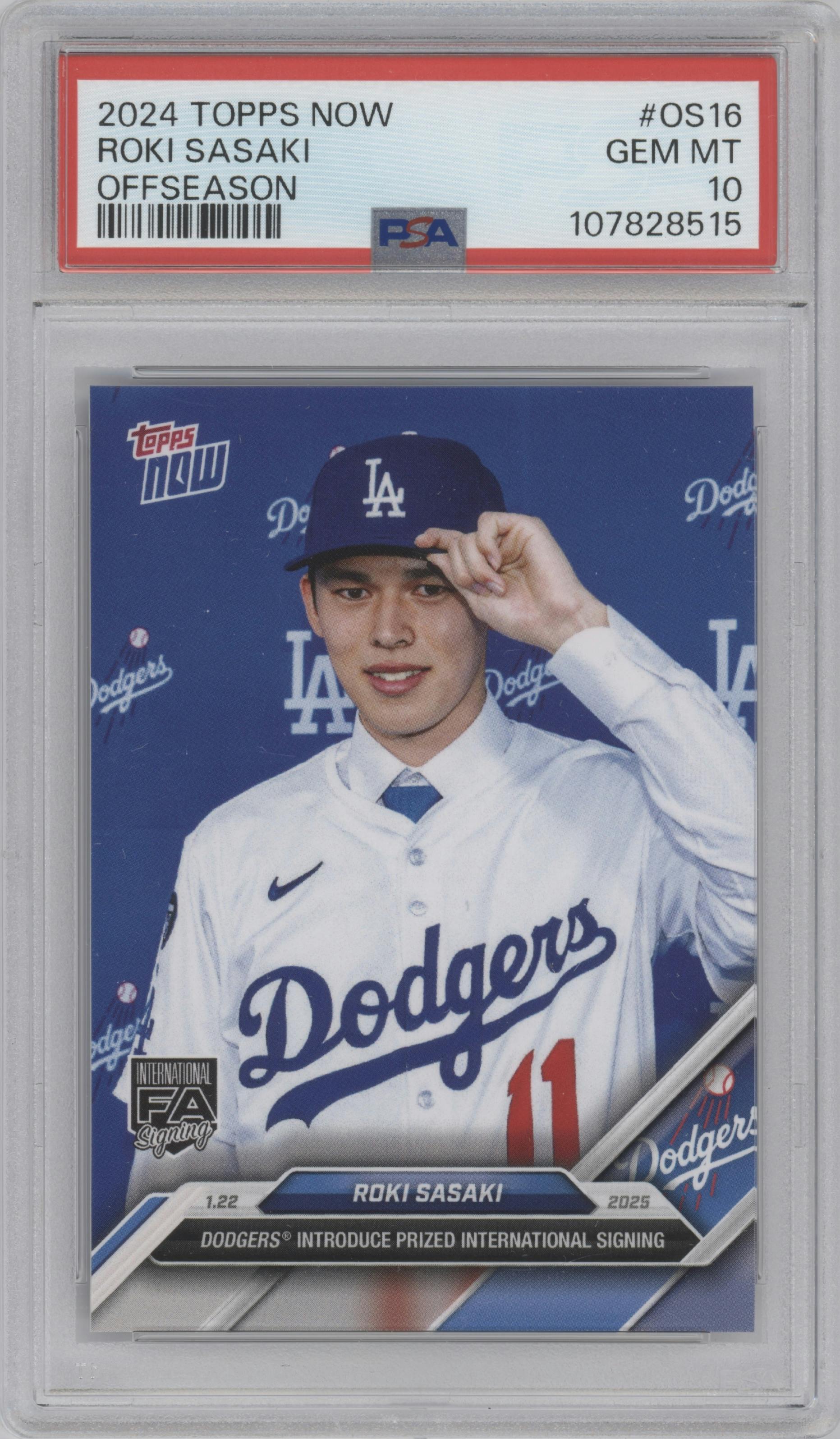 Roki Sasaki from the 2024-25 Topps Now Off-Season set graded by PSA and given an overall grade of 10.