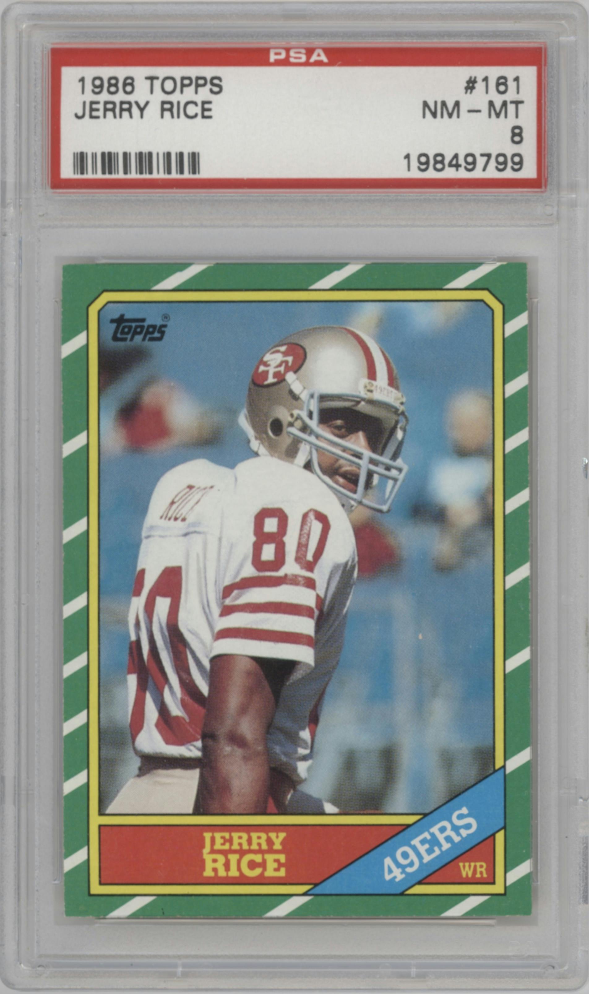 Jerry Rice from the 1986 Topps set graded by PSA and given an overall grade of 8.