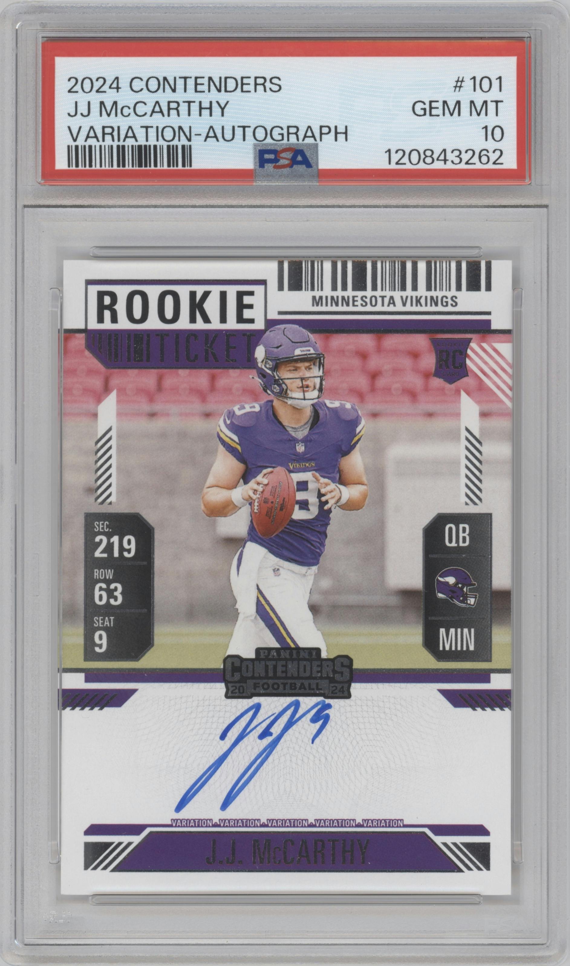 J.J. McCarthy from the 2024 Panini Contenders set graded by PSA and given an overall grade of 10.