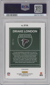 Drake London from the 2022 Panini Donruss Optic set featuring a Black Pandora parallel graded by PSA and given an overall grade of 9.