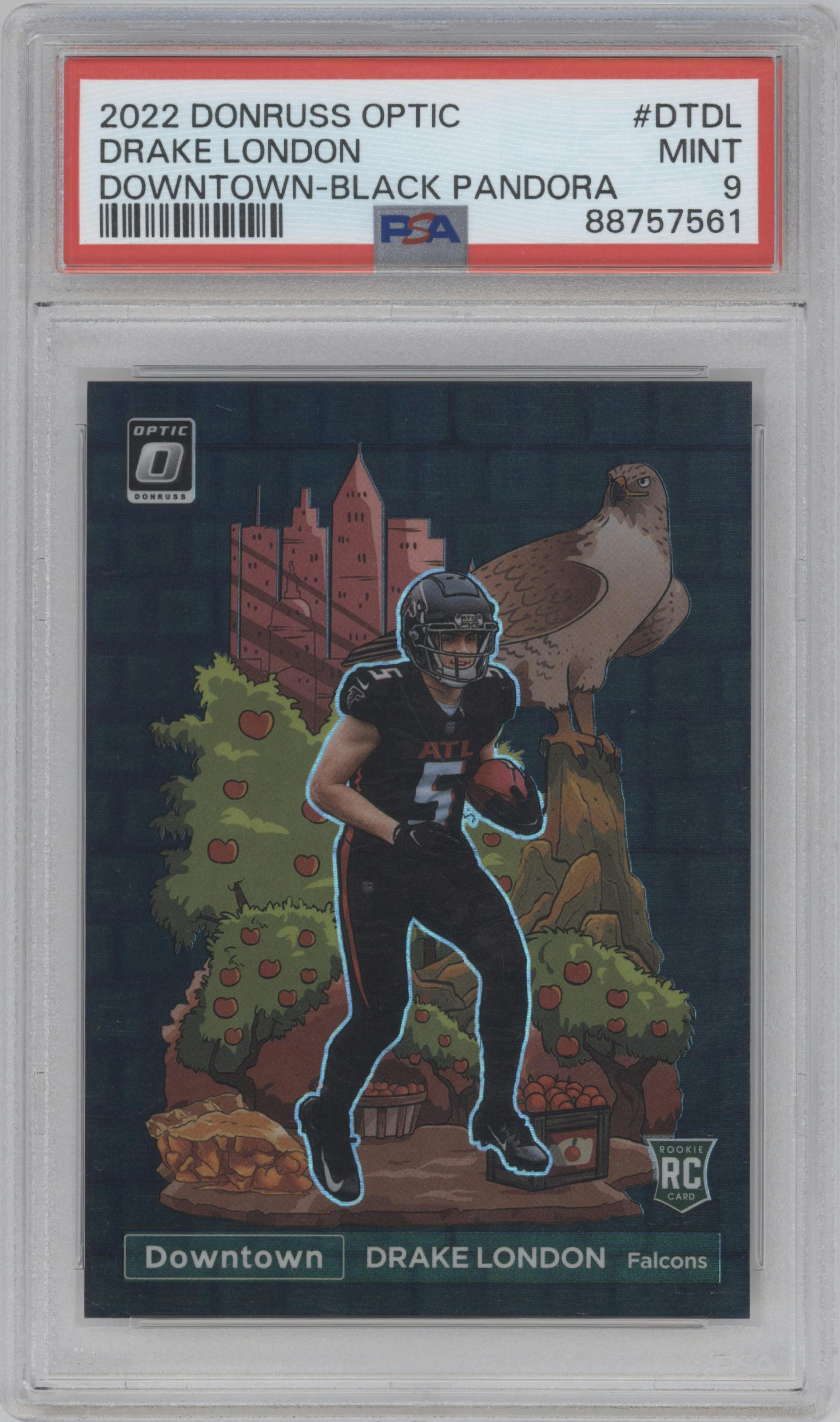 Drake London from the 2022 Panini Donruss Optic set featuring a Black Pandora parallel graded by PSA and given an overall grade of 9.