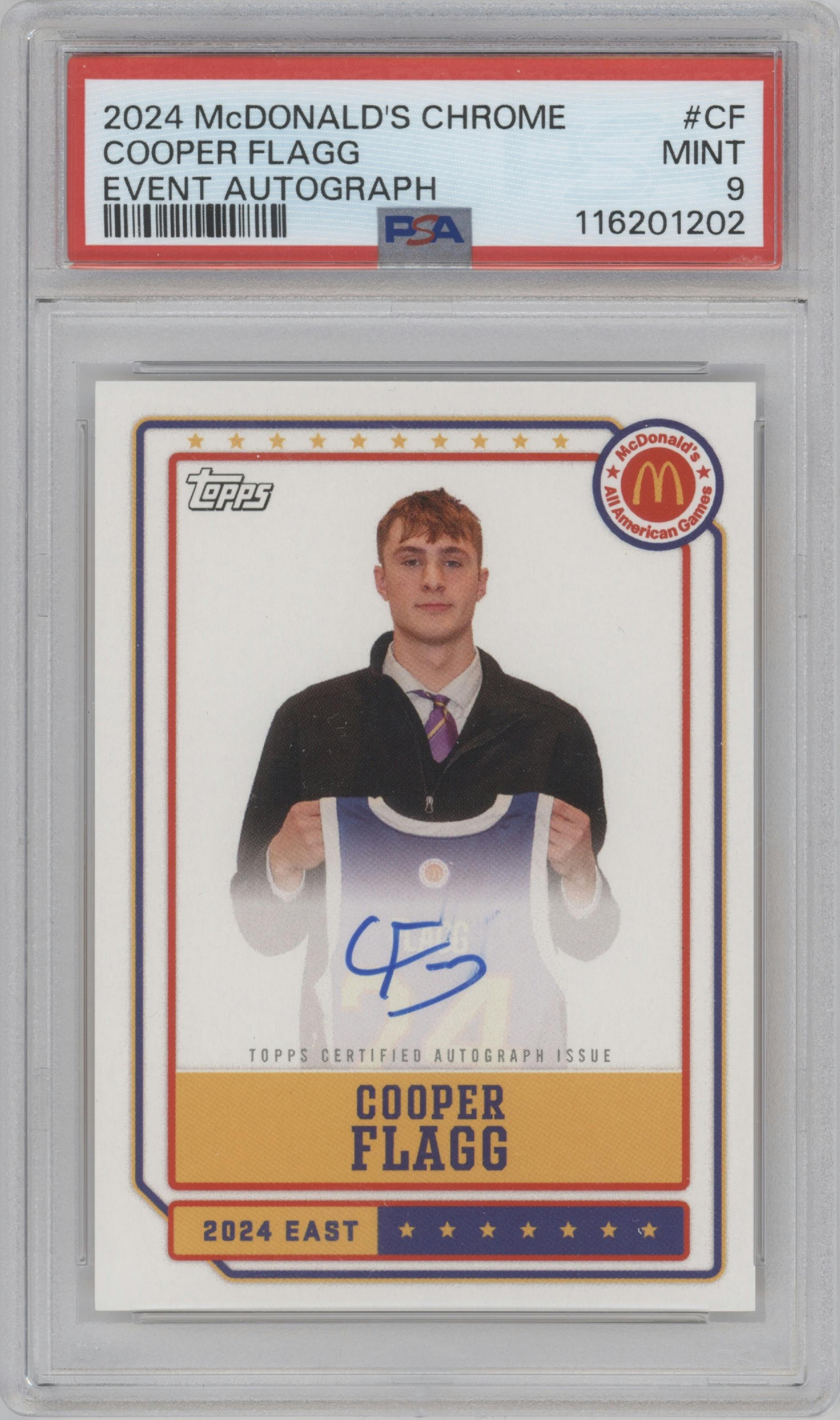 Cooper Flagg from the 2024 Topps Chrome McDonald's All-American set graded by PSA and given an overall grade of 9.