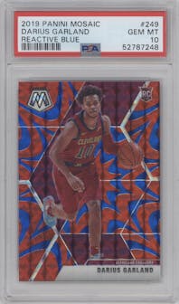 Darius Garland from the 2019-20 Panini Mosaic  set featuring a Reactive Blue parallel graded by PSA and given an overall grade of 10.