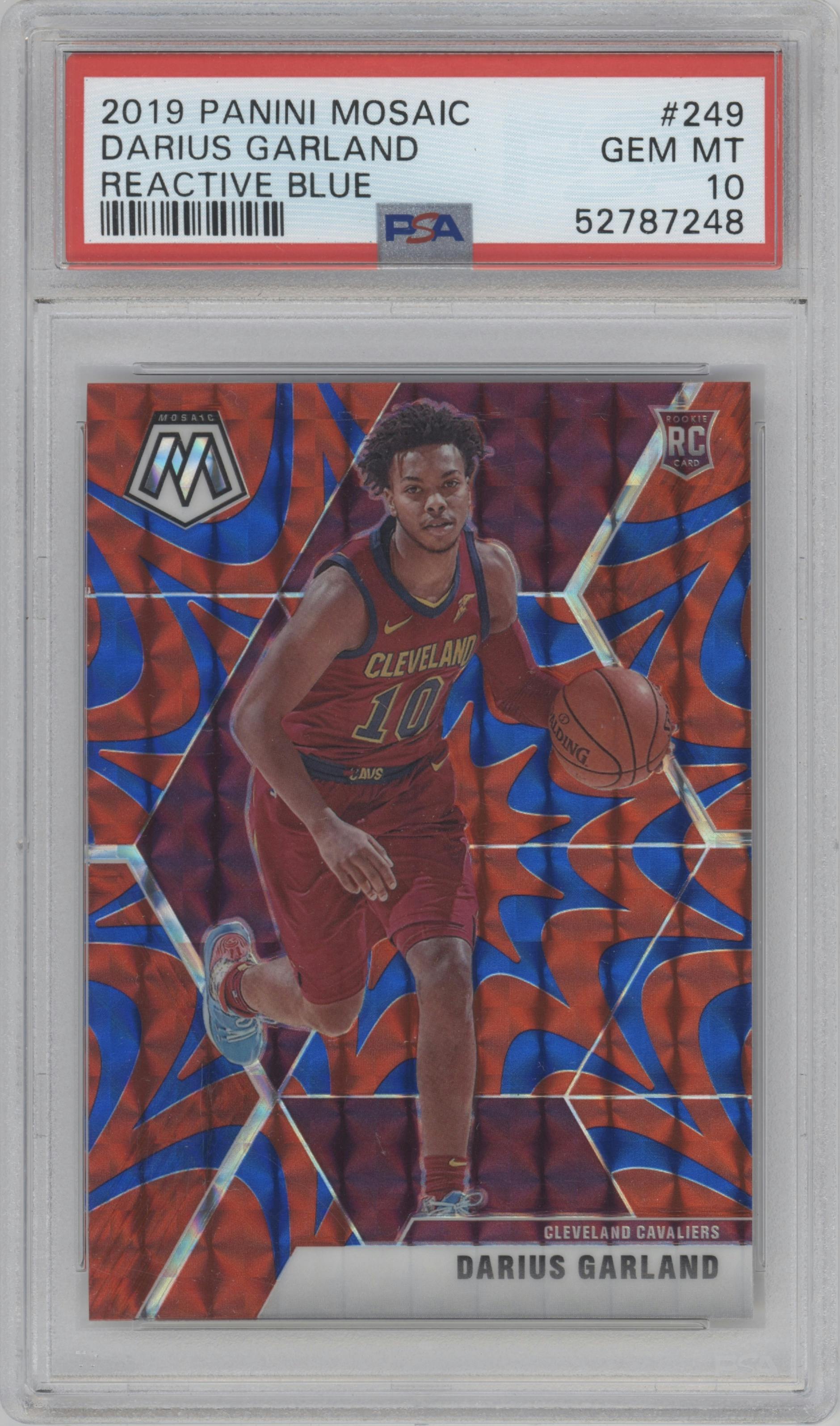 Darius Garland from the 2019-20 Panini Mosaic  set featuring a Reactive Blue parallel graded by PSA and given an overall grade of 10.