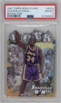 Shaquille O'Neal from the 1997-98 Topps  set featuring a Refractor parallel graded by PSA and given an overall grade of 8.