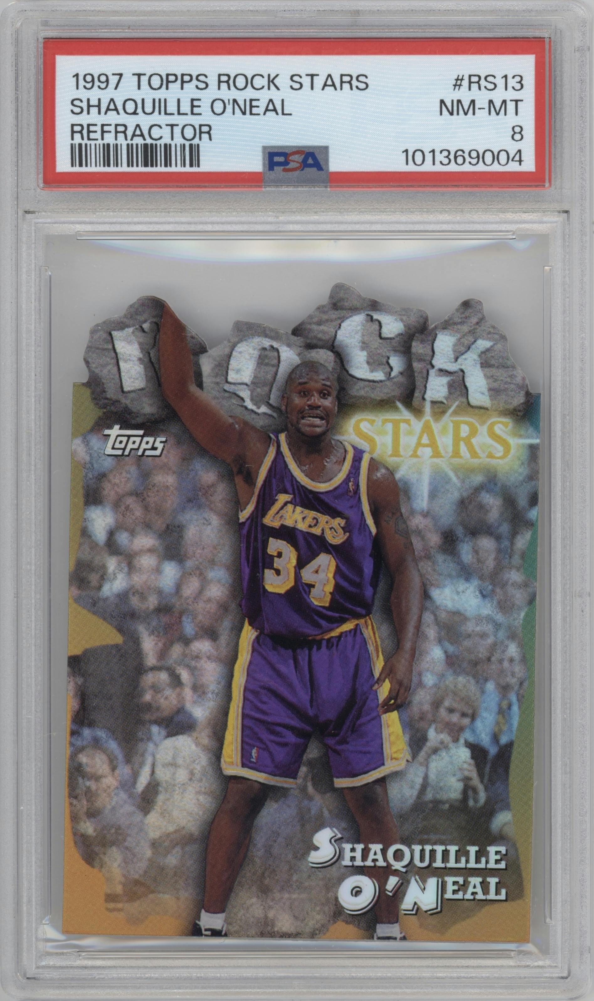 Shaquille O'Neal from the 1997-98 Topps  set featuring a Refractor parallel graded by PSA and given an overall grade of 8.
