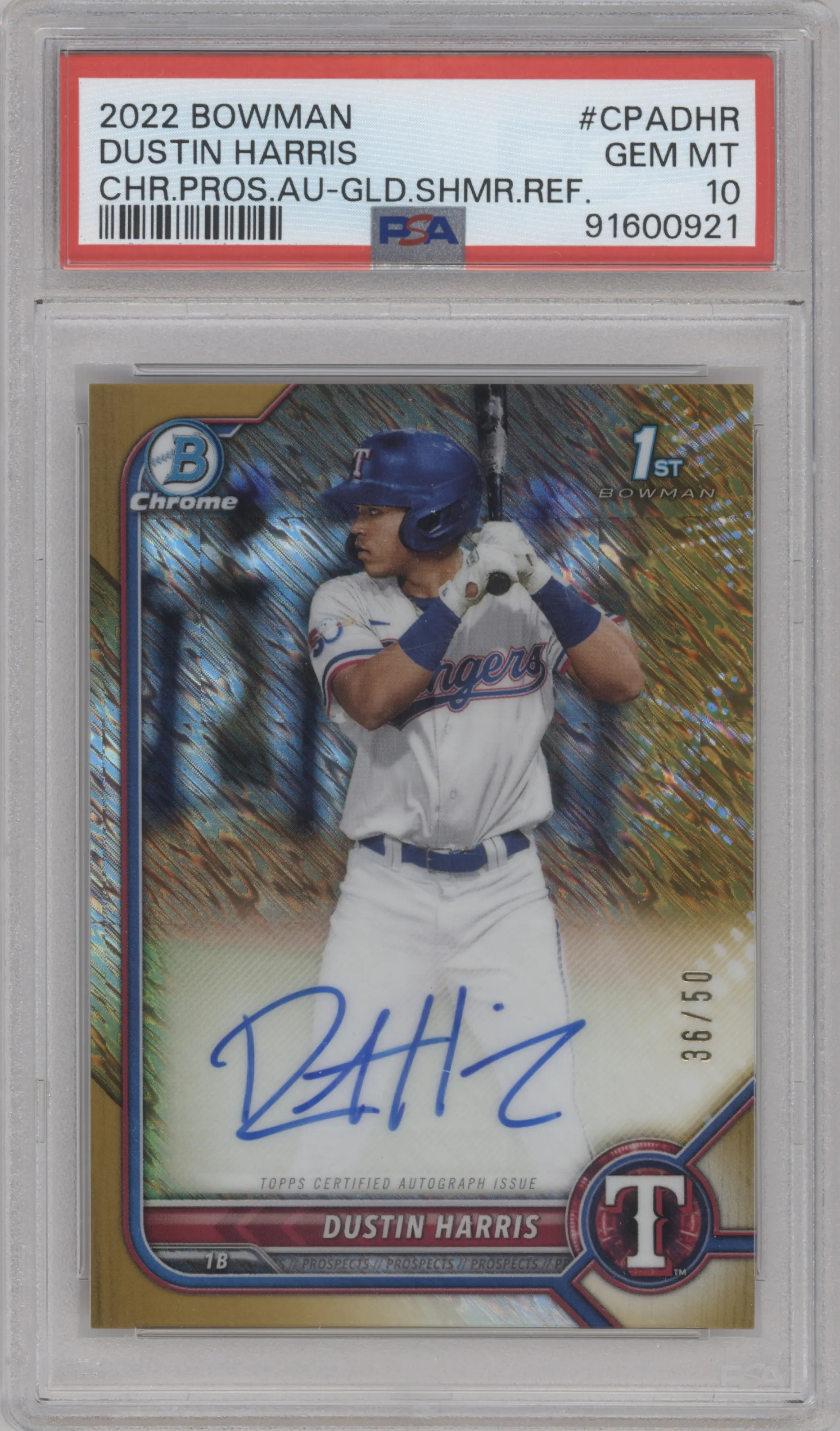 2022 Bowman Chr.Pros.Auto Dustin Harris Gold Shimmer Refractor PSA 10