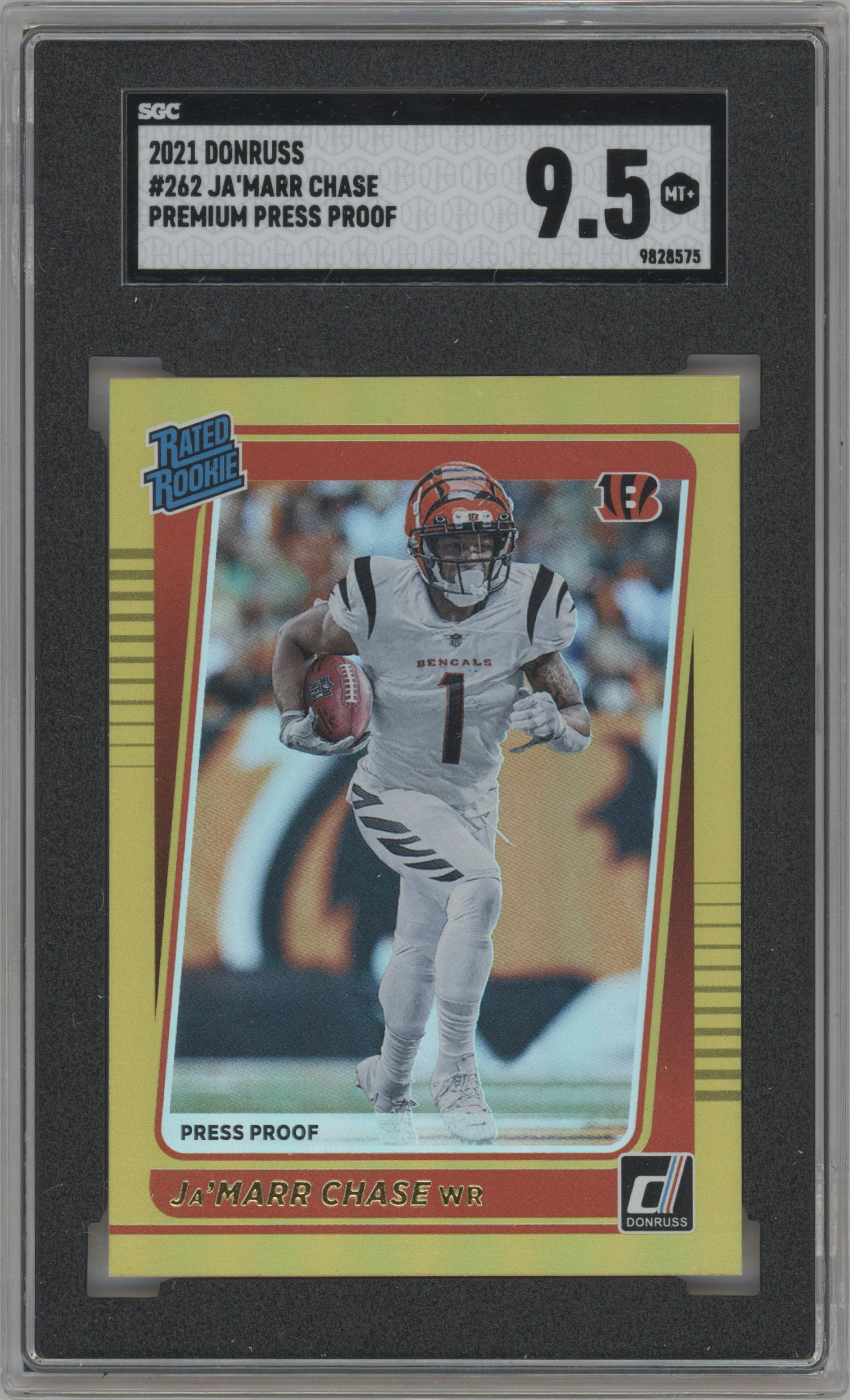 Ja'Marr Chase from the 2021 Panini Donruss set featuring a Press Proof Premium parallel graded by SGC and given an overall grade of 9.5.