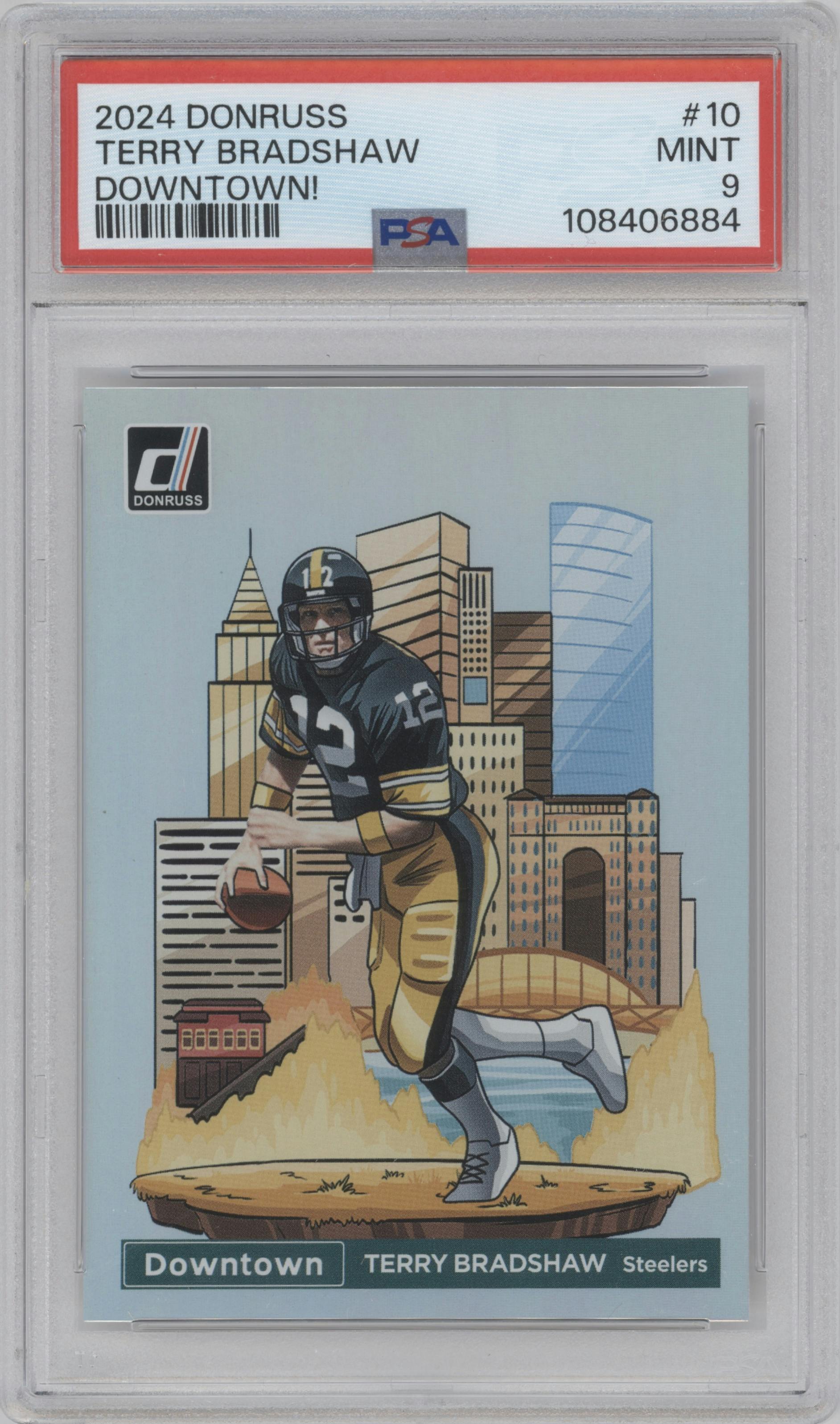 Terry Bradshaw from the 2024 Donruss set graded by PSA and given an overall grade of 9.