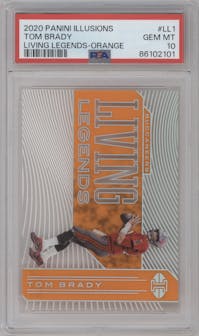 Tom Brady from the 2020 Panini Illusions set featuring a Orange parallel graded by PSA and given an overall grade of 10.