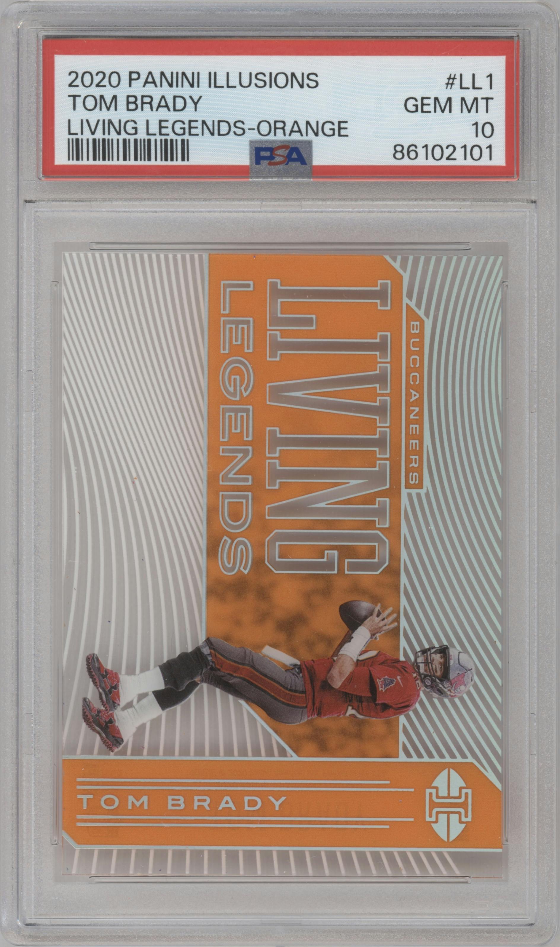 Tom Brady from the 2020 Panini Illusions set featuring a Orange parallel graded by PSA and given an overall grade of 10.