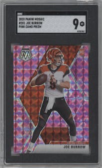 Joe Burrow from the 2020 Panini Mosaic set featuring a Pink Camo parallel graded by SGC and given an overall grade of 9.