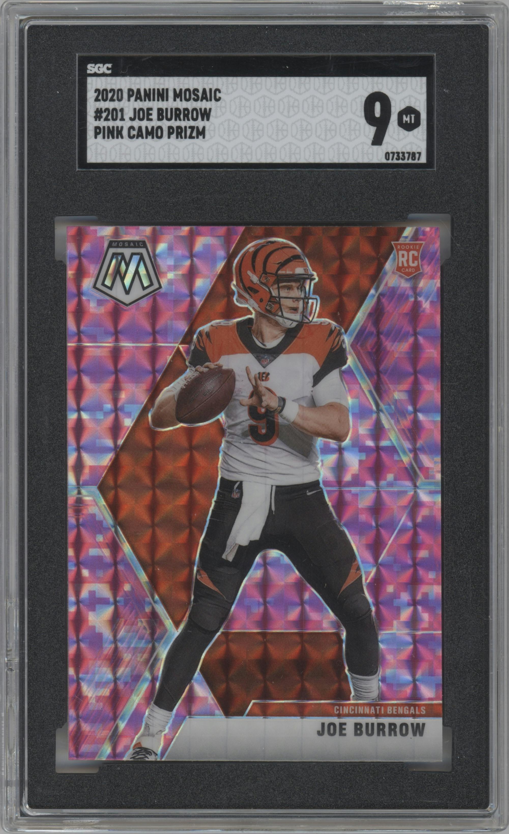 Joe Burrow from the 2020 Panini Mosaic set featuring a Pink Camo parallel graded by SGC and given an overall grade of 9.
