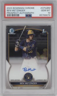 Ben Metzinger from the 2023 Bowman Chrome set graded by PSA and given an overall grade of 10.
