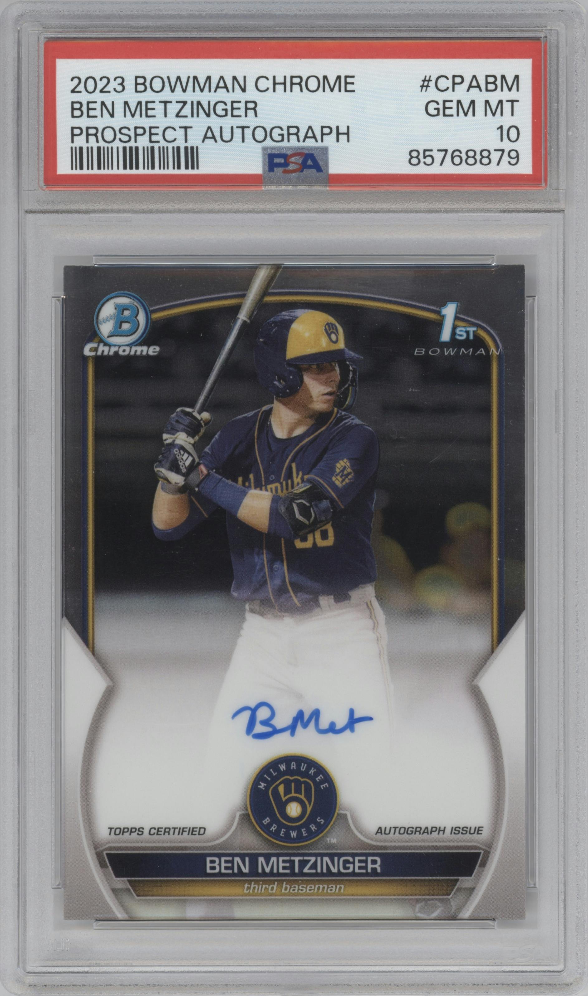Ben Metzinger from the 2023 Bowman Chrome set graded by PSA and given an overall grade of 10.