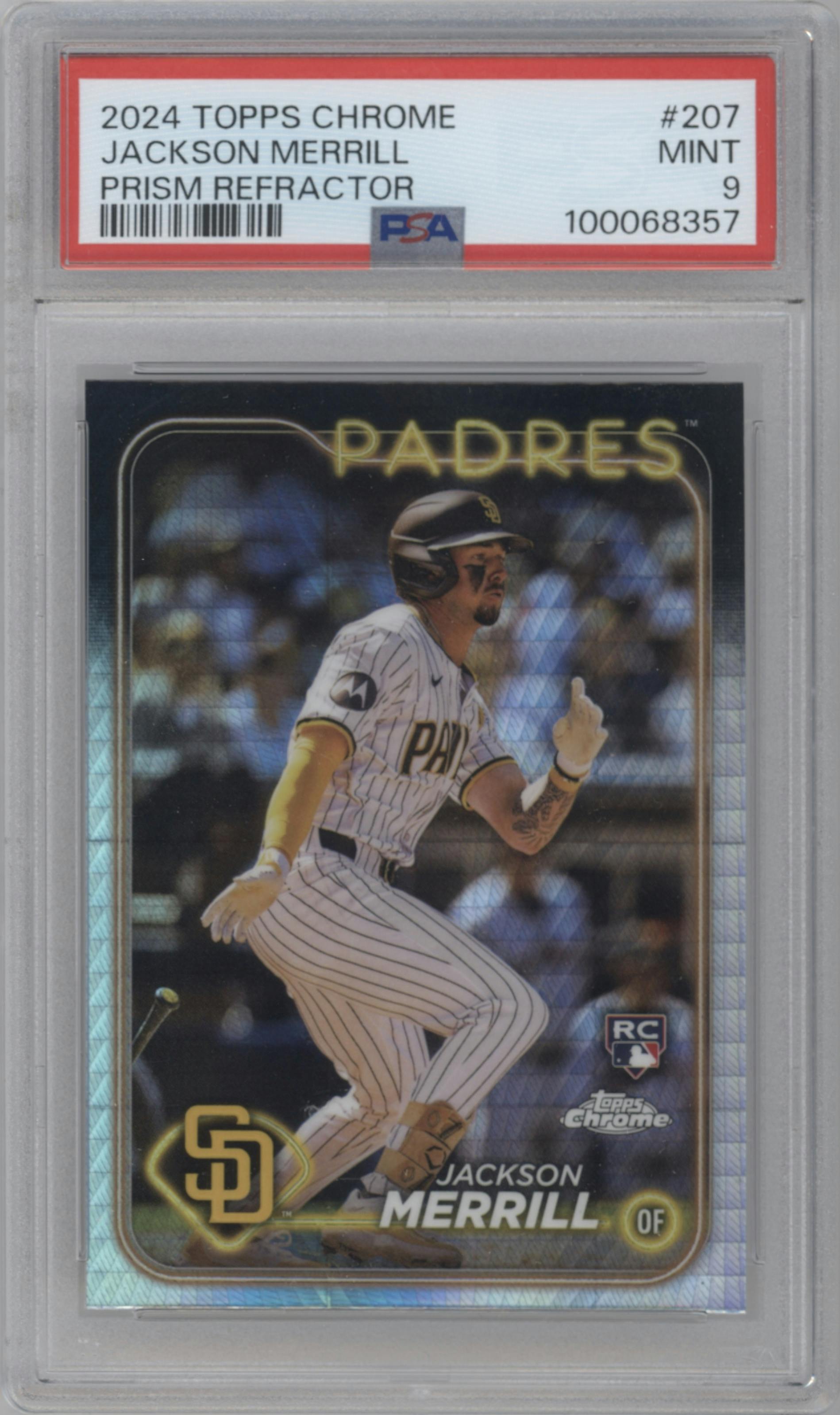 Jackson Merrill from the 2024 Topps Chrome set featuring a Prism Refractor parallel graded by PSA and given an overall grade of 9.