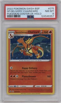 Special Delivery Charizard from the 2020 Pokemon SWSH set featuring a Pokemon Center UK parallel graded by PSA and given an overall grade of 8.