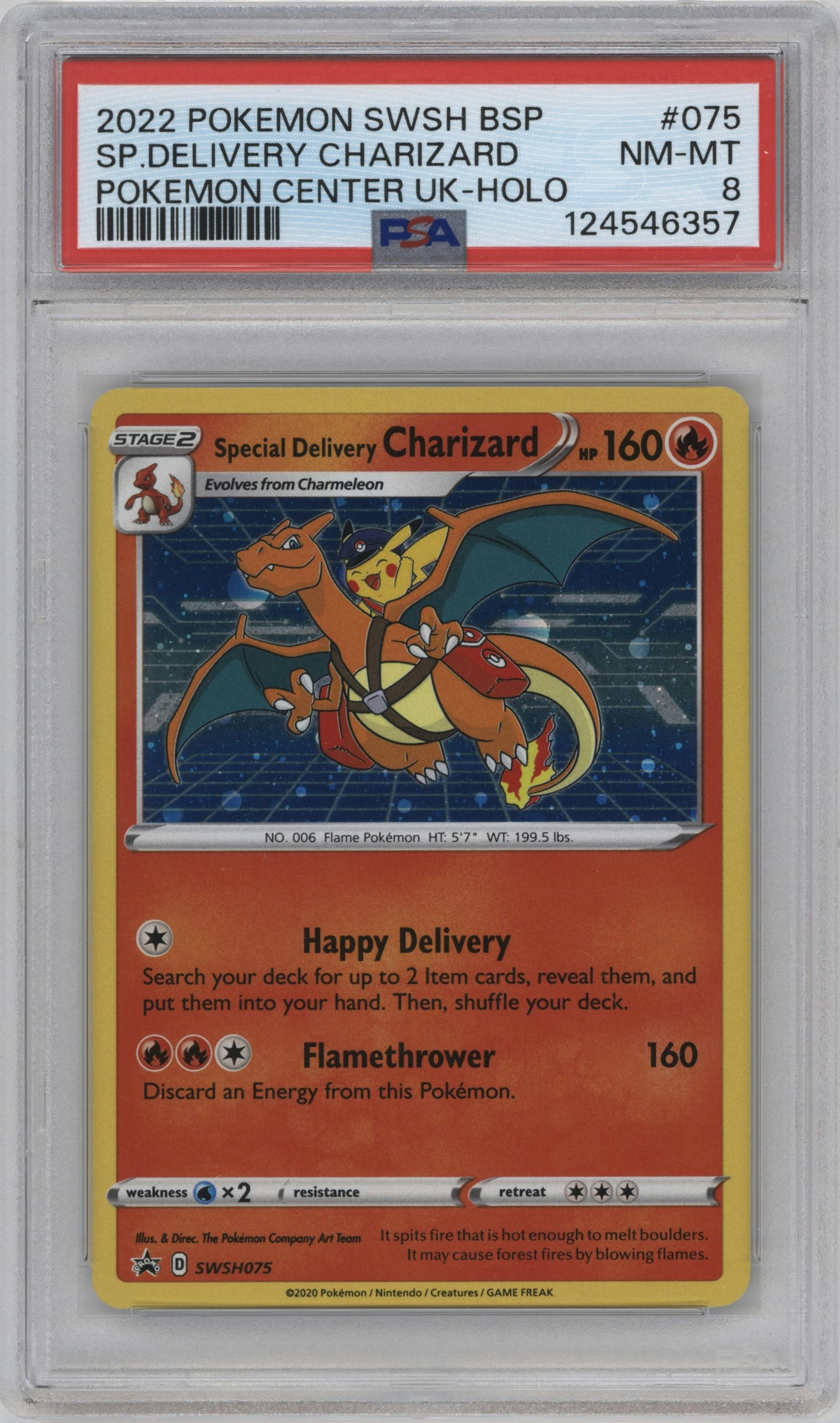 Special Delivery Charizard from the 2020 Pokemon SWSH set featuring a Pokemon Center UK parallel graded by PSA and given an overall grade of 8.