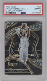 Victor Wembanyama from the 2023-24 Panini Select  set featuring a Elephant parallel graded by PSA and given an overall grade of 10.