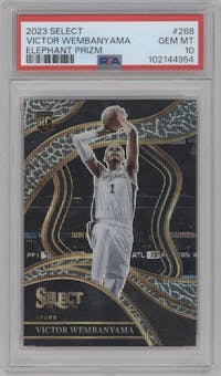 Victor Wembanyama from the 2023-24 Panini Select  set featuring a Elephant parallel graded by PSA and given an overall grade of 10.