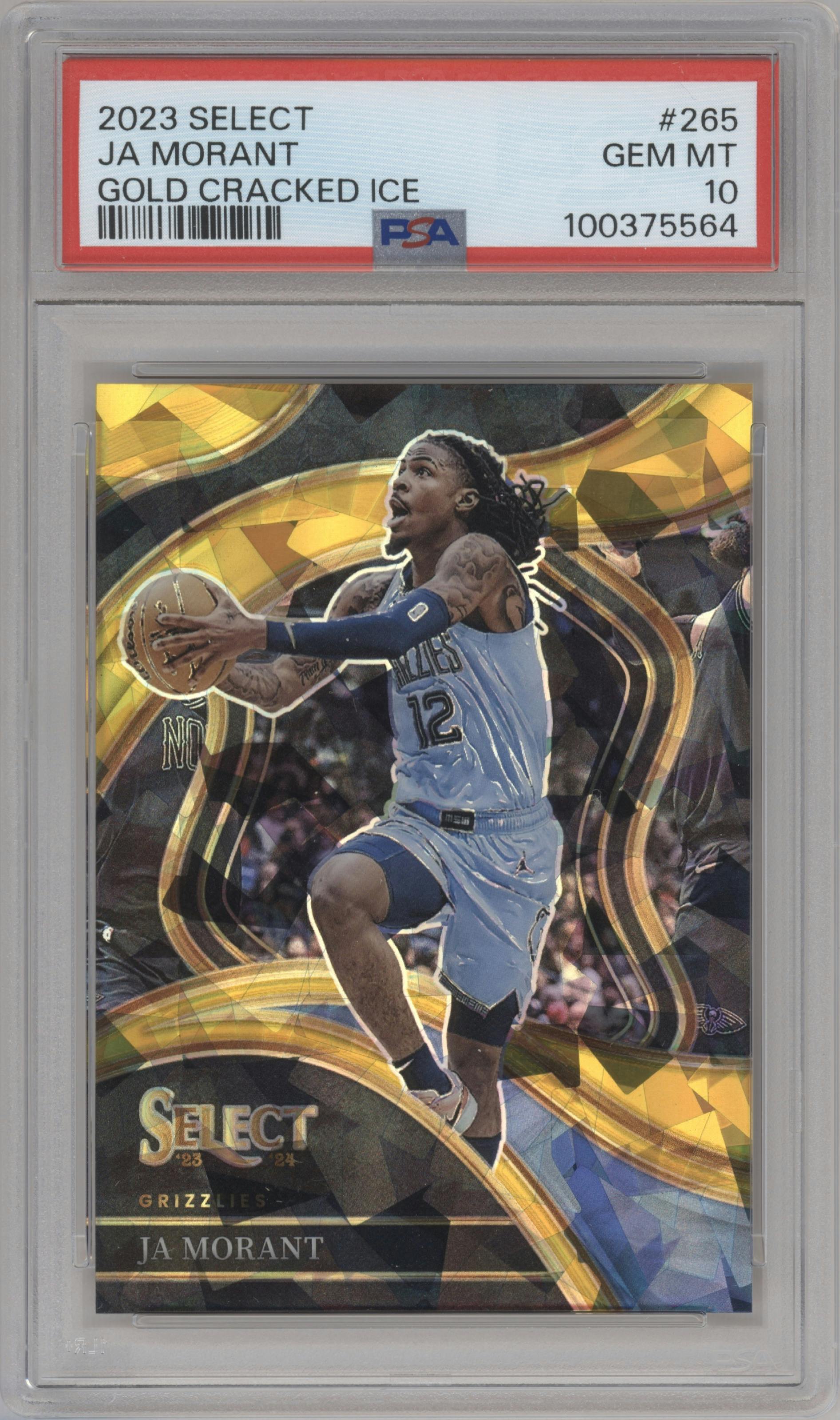 Ja Morant from the 2023-24 Panini Select  set featuring a Gold  Cracked Ice parallel graded by PSA and given an overall grade of 10.