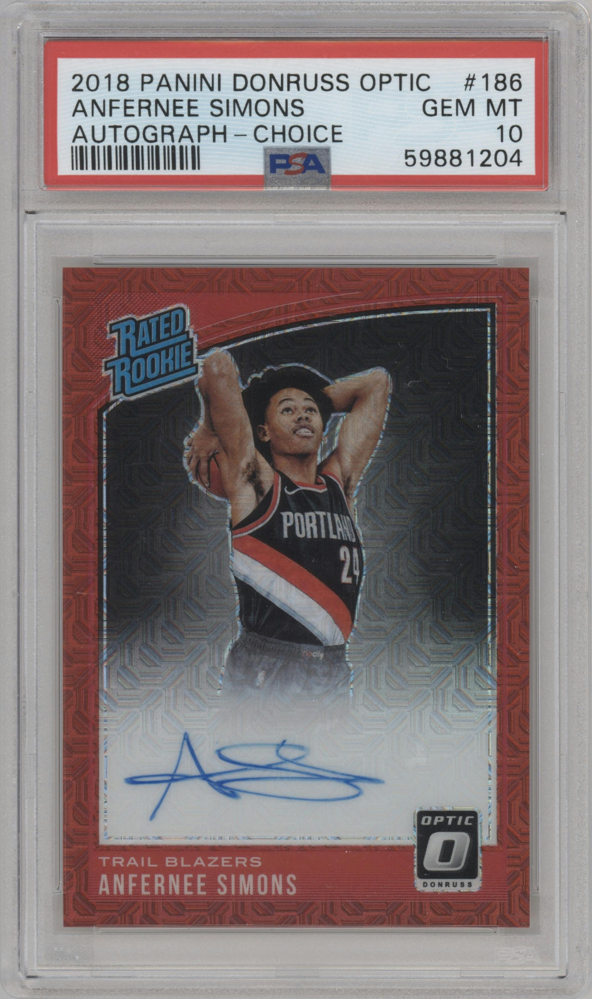 Anfernee Simons from the 2018-19 Panini Donruss Optic set featuring a Choice parallel graded by PSA and given an overall grade of 10.