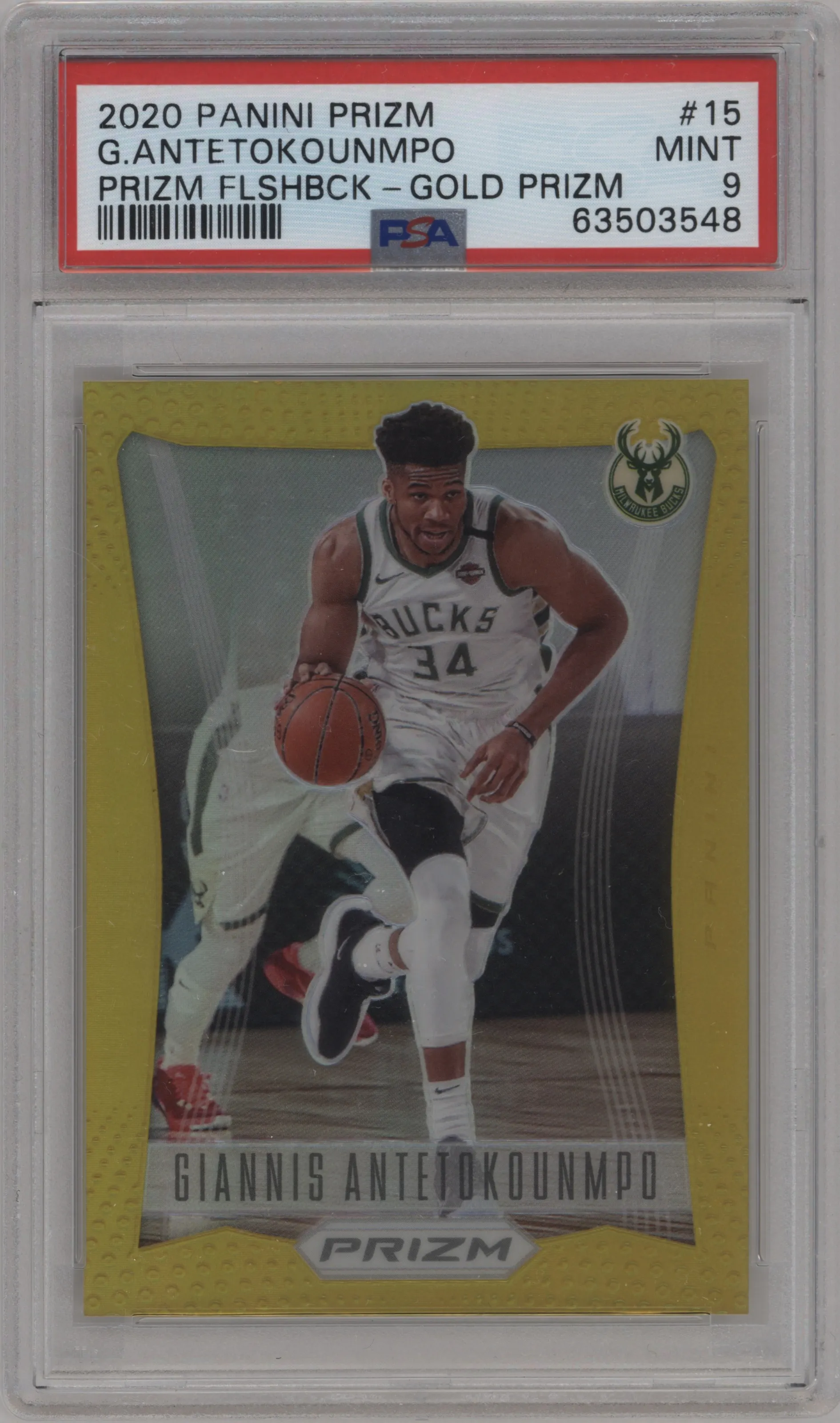 2020 Panini Prizm Flashback Giannis Antetokounmpo Gold Prizm #15 PSA 9